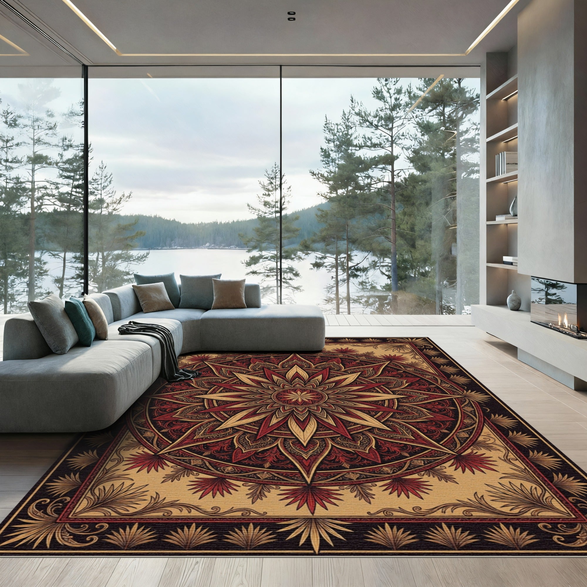 Crimson Gold Starburst Mandala Rug