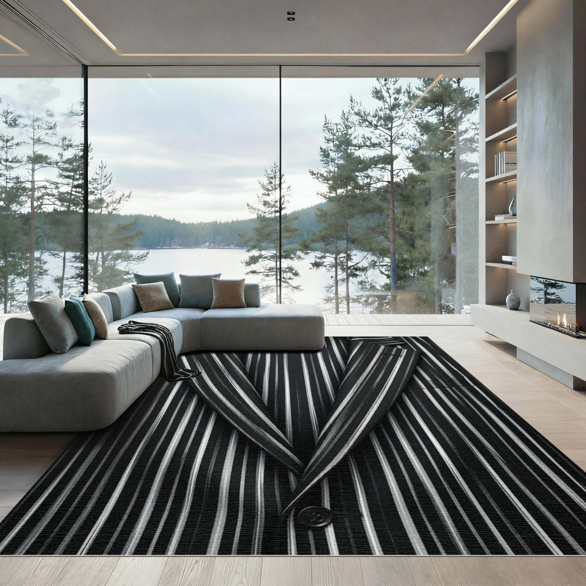 Bold Black White Pinstripe Textured Rug