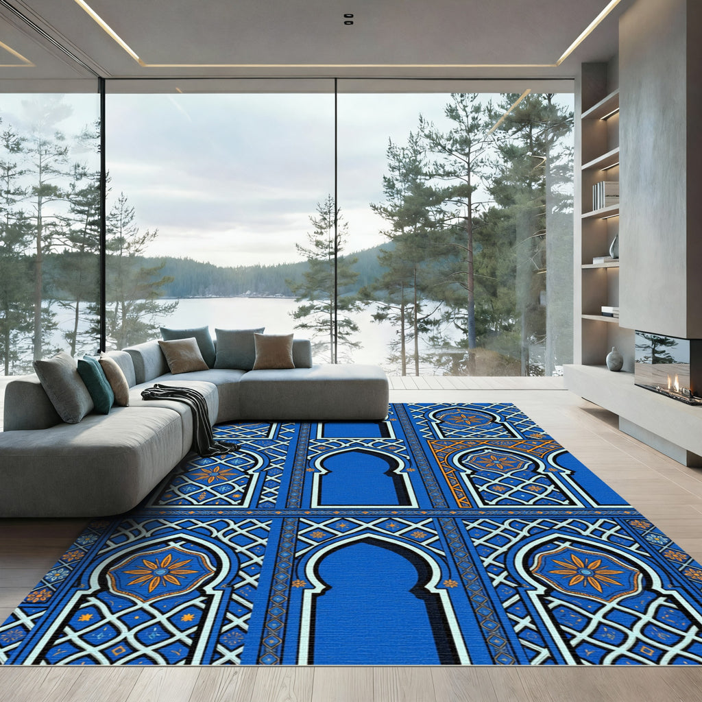 Intricate Royal Blue Arched Tile Rug