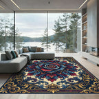 Crimson Blue Golden Floral Scroll Rug