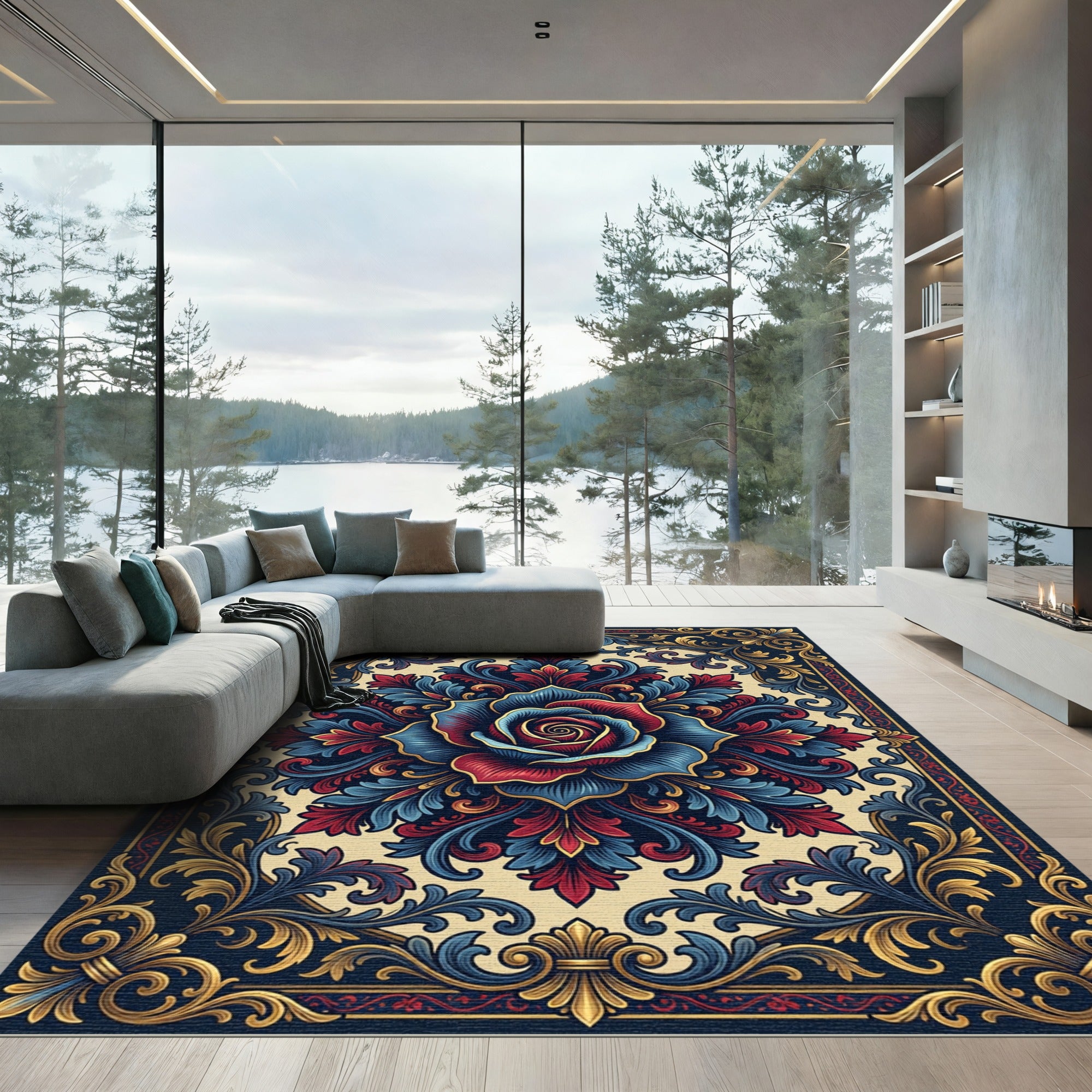 Crimson Blue Golden Floral Scroll Rug