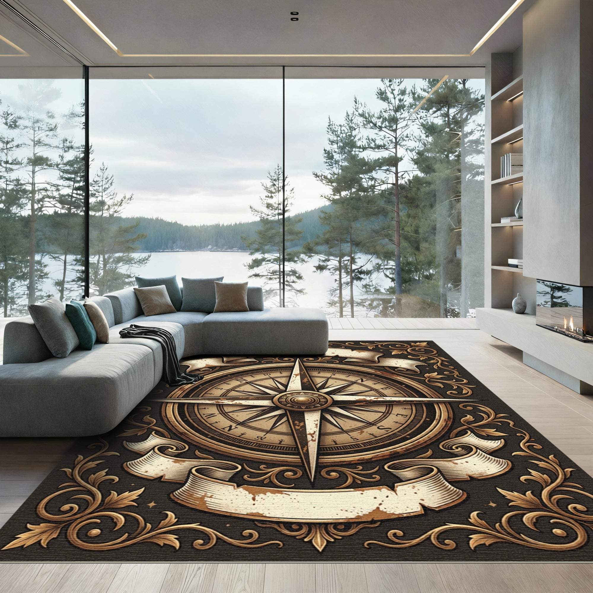 Vintage Antique Gold Compass Scroll Rug