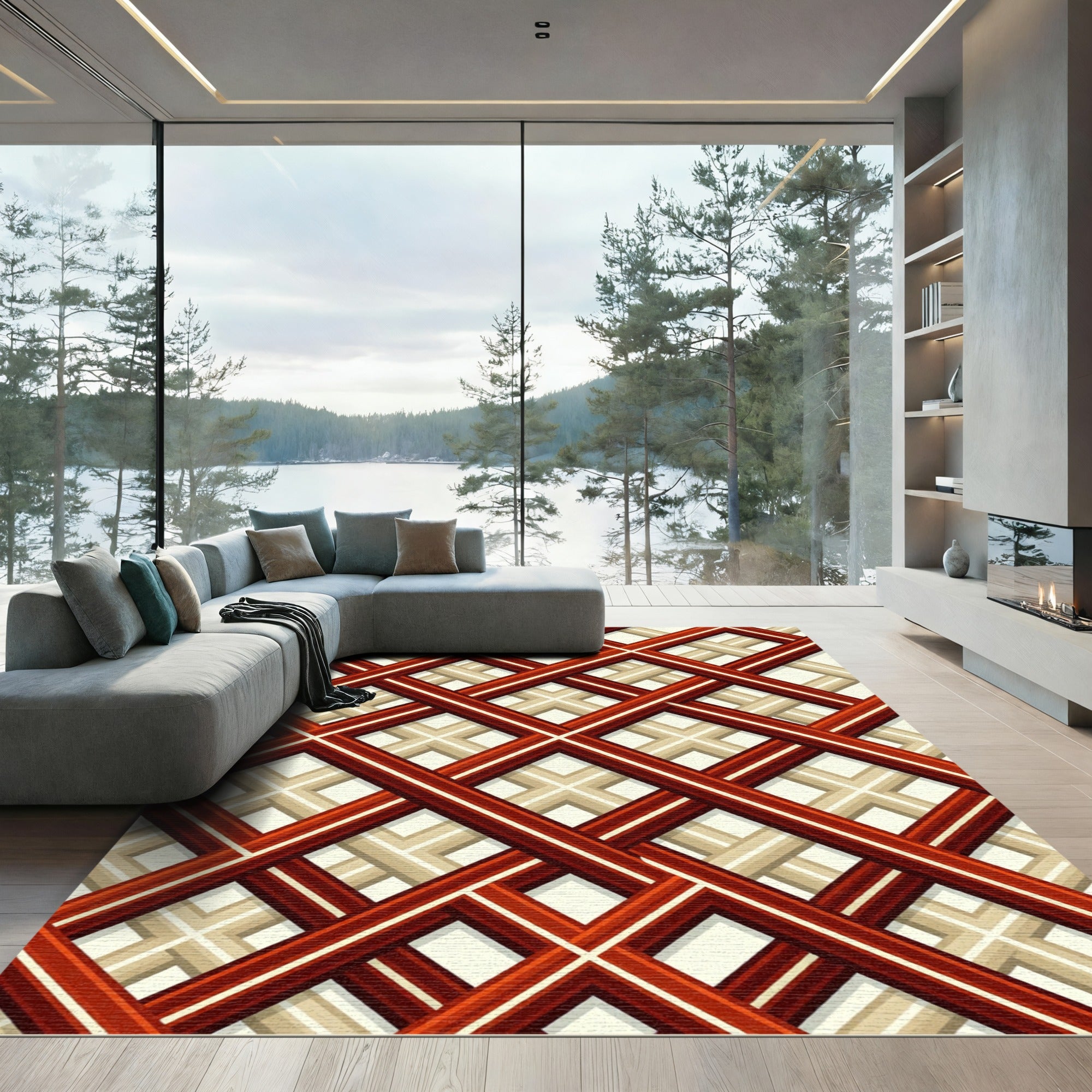 Crimson Tan Intersecting Diamond Rug