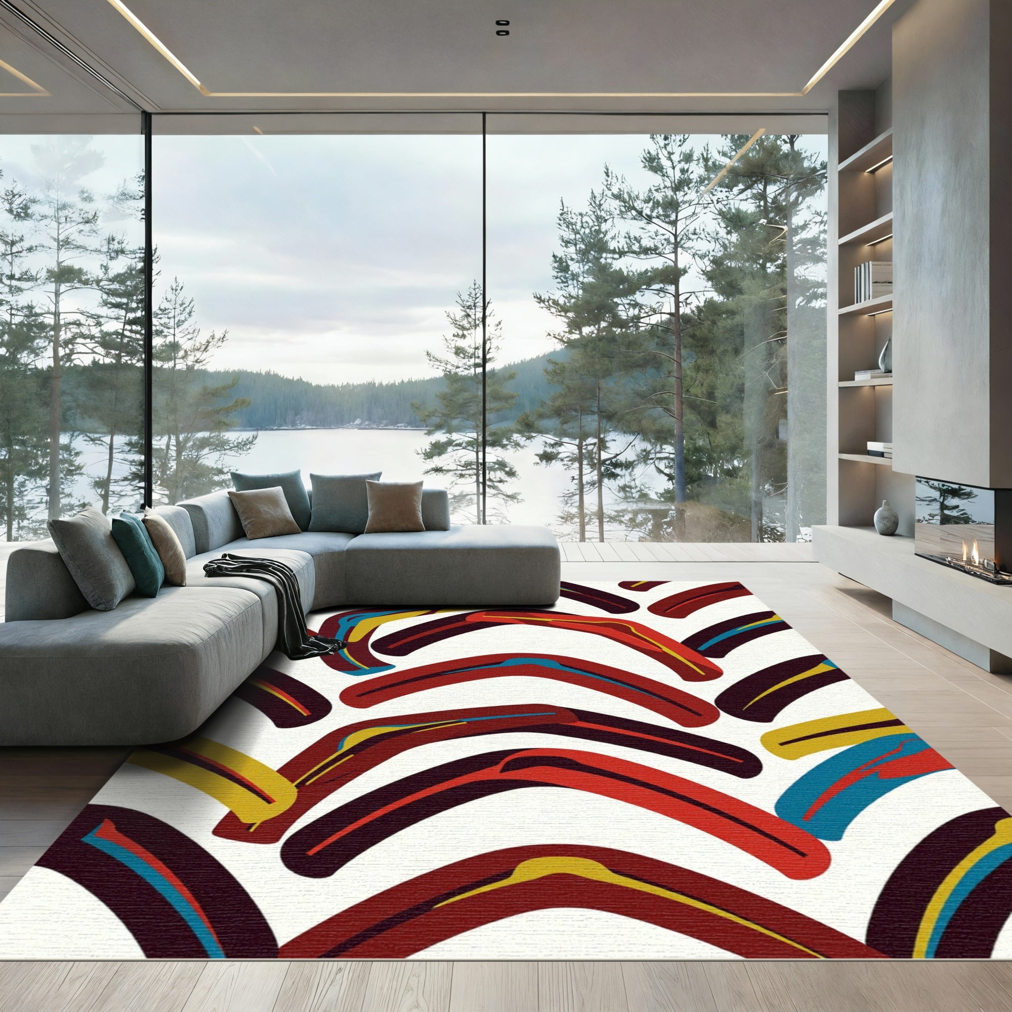 Bold Red Yellow Boomerang Composition Rug