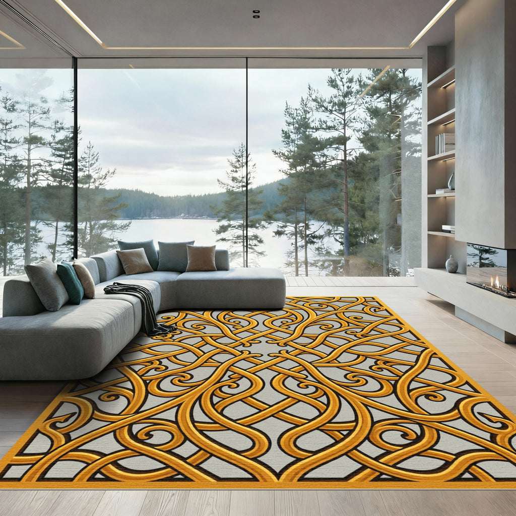 Ornate Golden Interwoven Swirl Art Rug