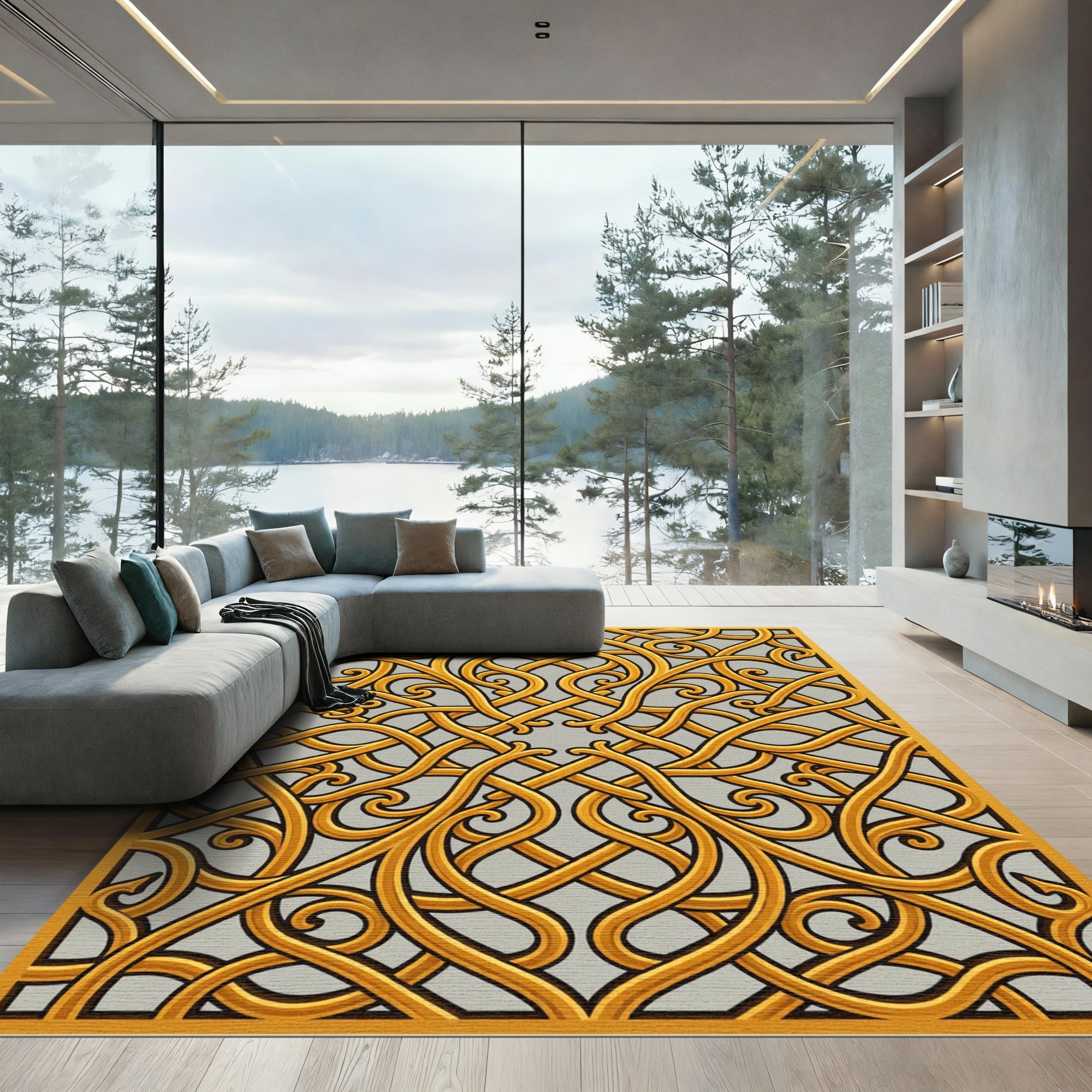 Ornate Golden Interwoven Swirl Art Rug