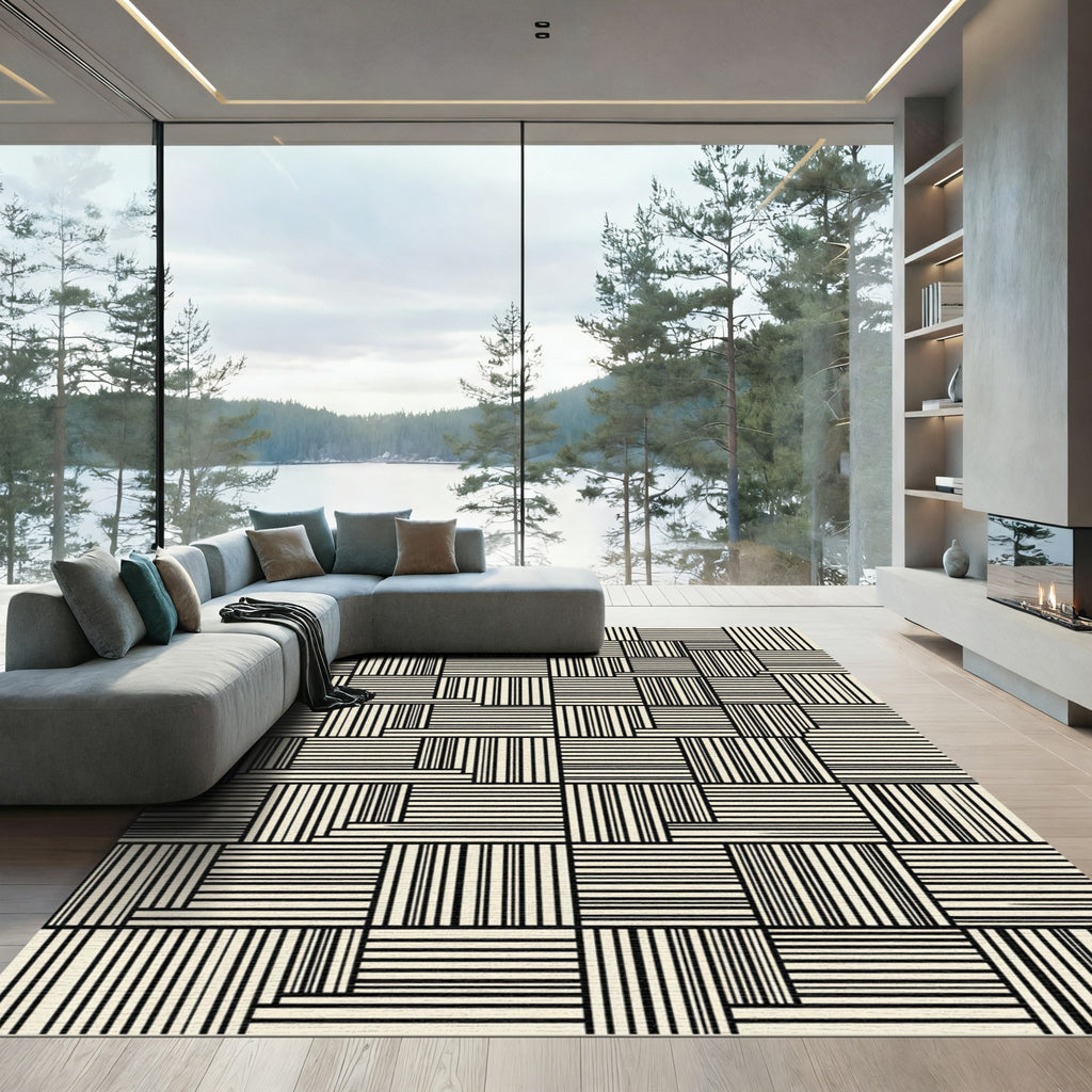 Black White Interlocking Lines Composition Rug