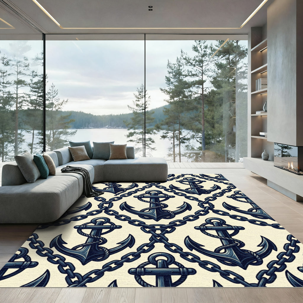 Navy Nautical Anchor and Chain Link Rug