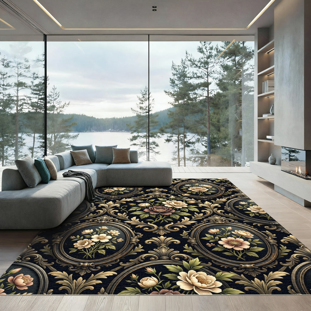 Ornate Black Floral Oval Medallion Rug