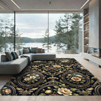 Ornate Black Floral Oval Medallion Rug