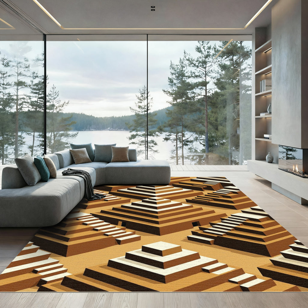 Golden Ochre Isometric Ziggurat Geometric Rug