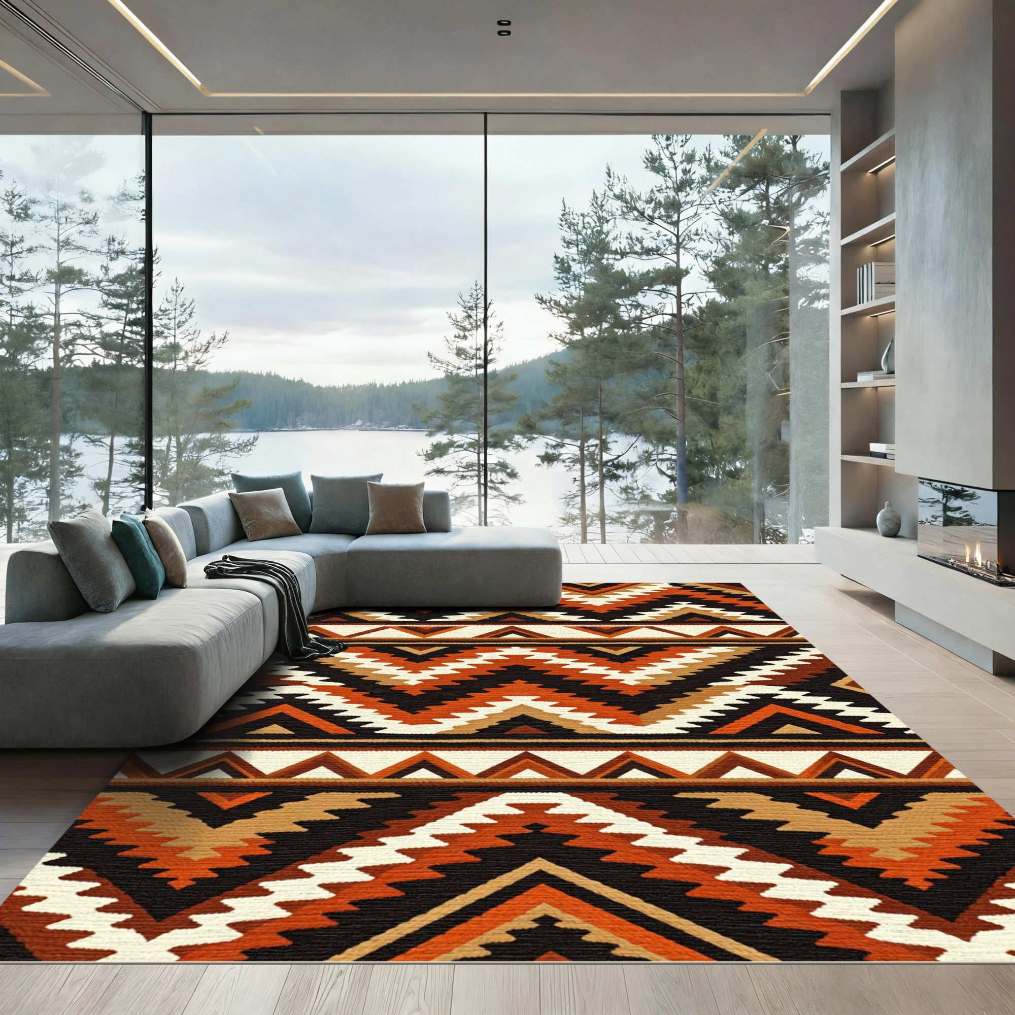 Terracotta Earthy Geometric Zigzag Aztec Rug