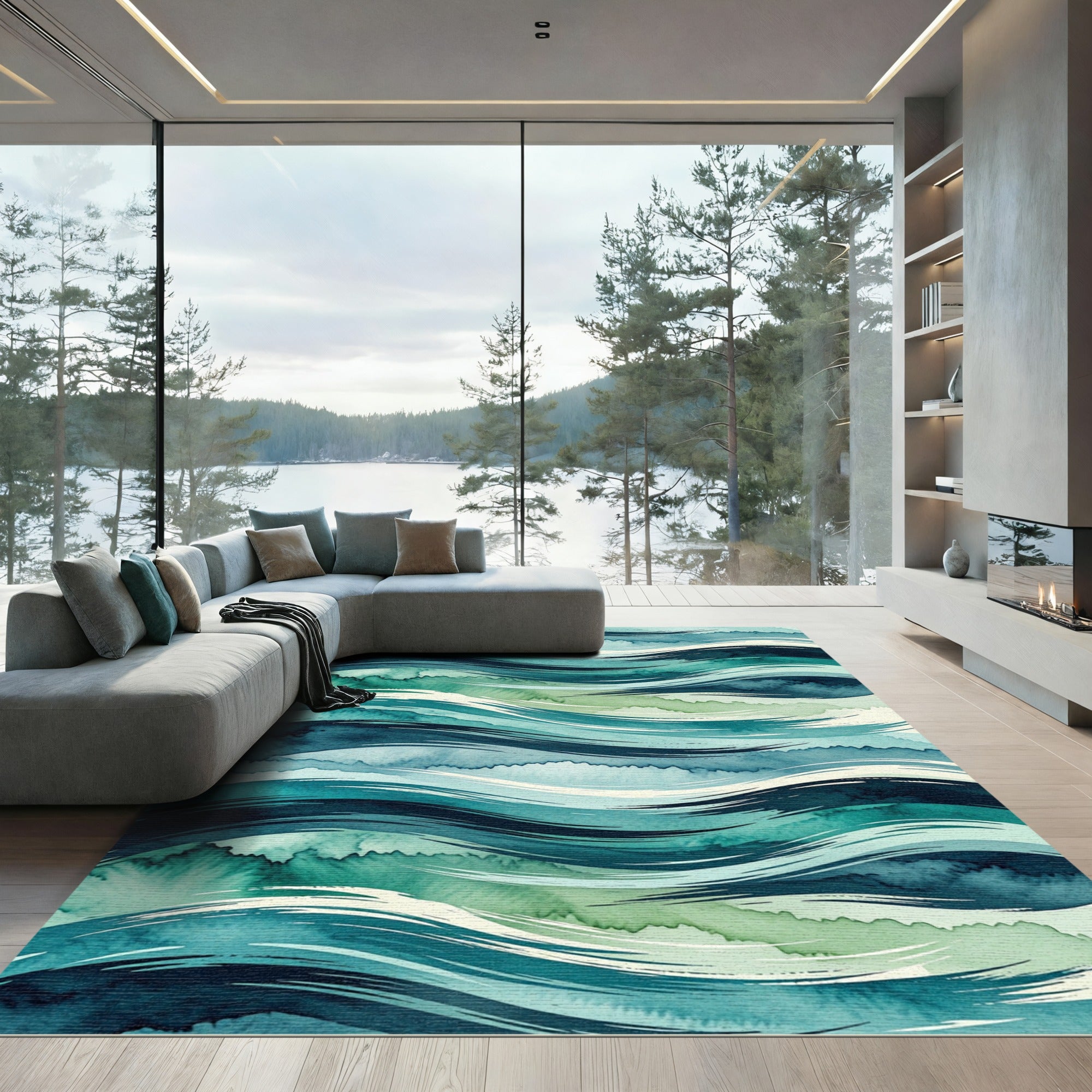 Abstract Teal Watercolor Ocean Waves Rug
