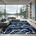 Navy Nautical Anchor and Compass Waves Rug