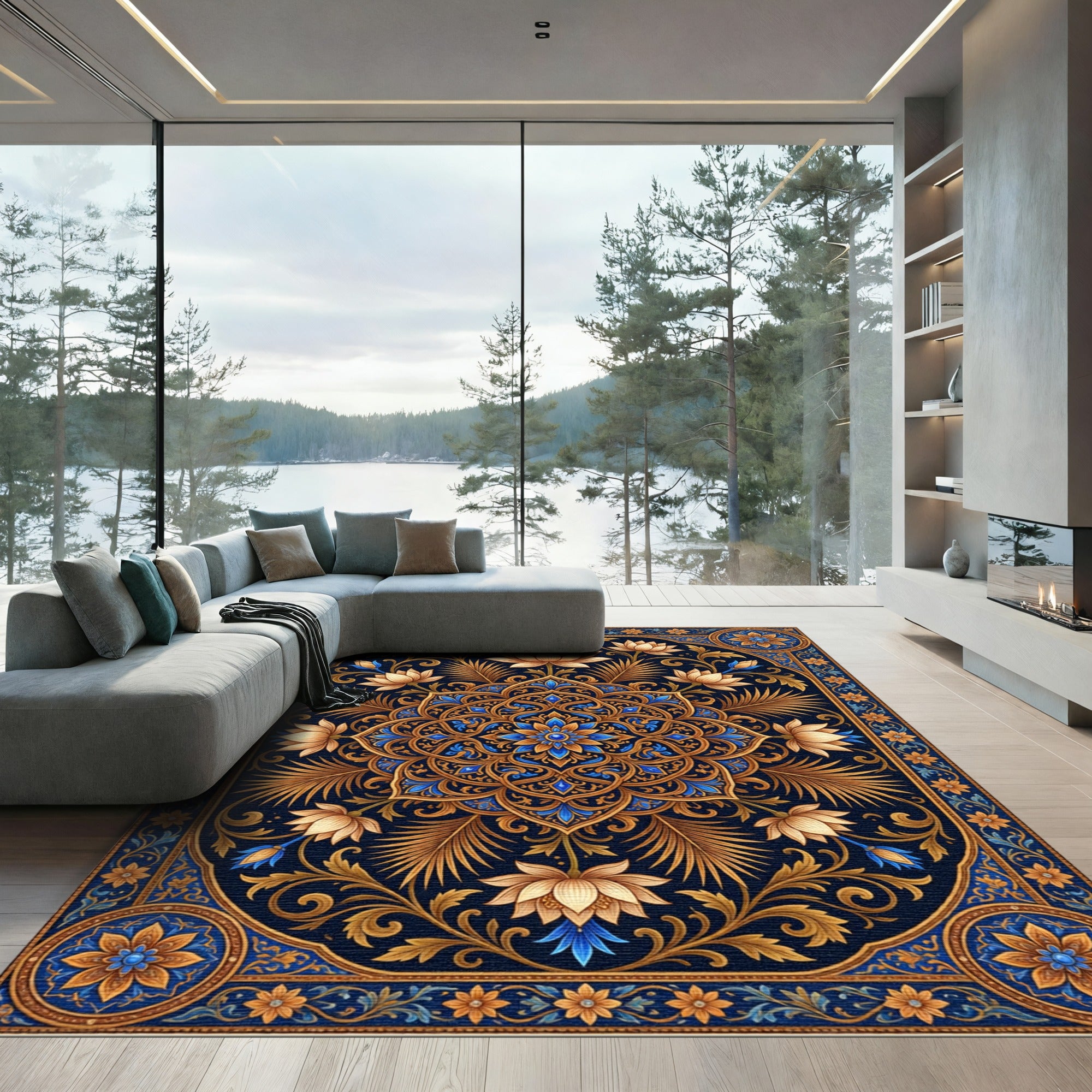 Ornate Blue and Gold Lotus Medallion Rug