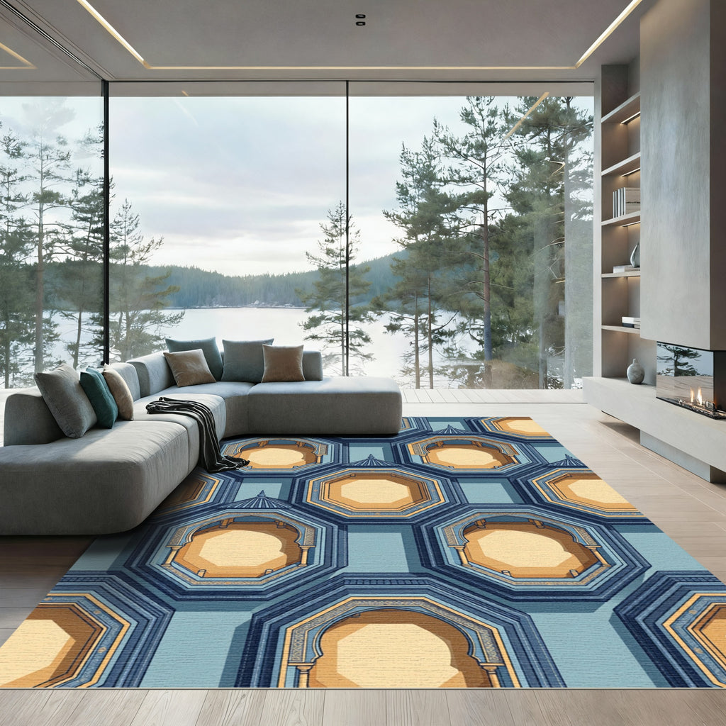 Geometric Octagonal Arch Blue Gold Architecture Structure Rug