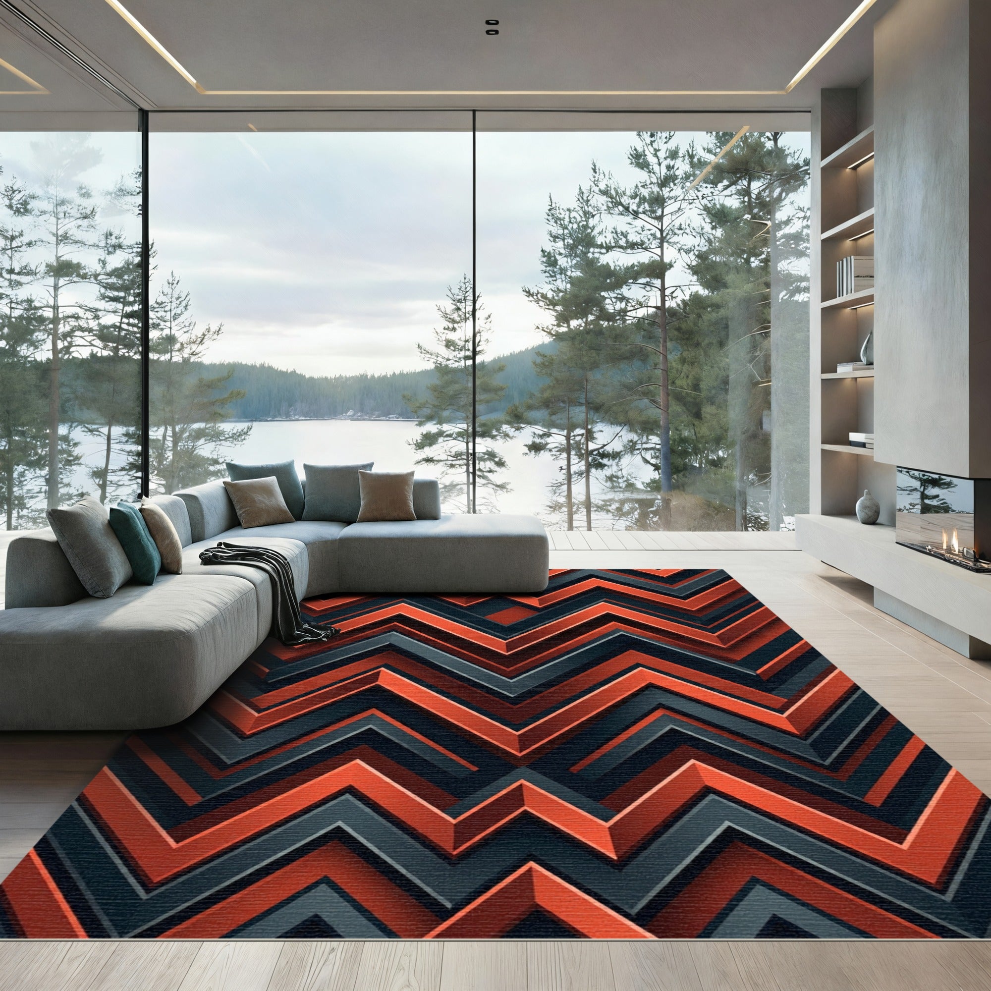 Bold Geometric Crimson and Charcoal Zigzag Rug
