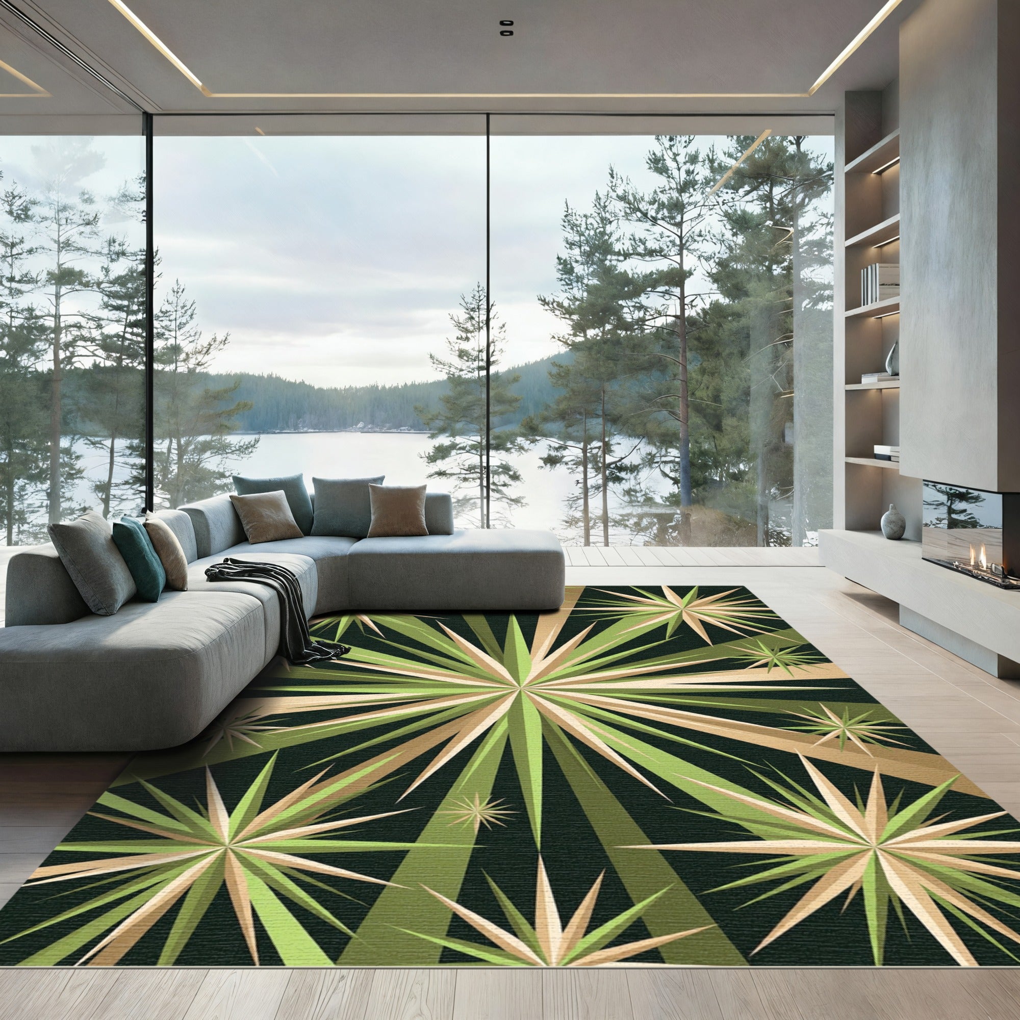 Mid-Century Geometric Olive Gold Starburst Rug