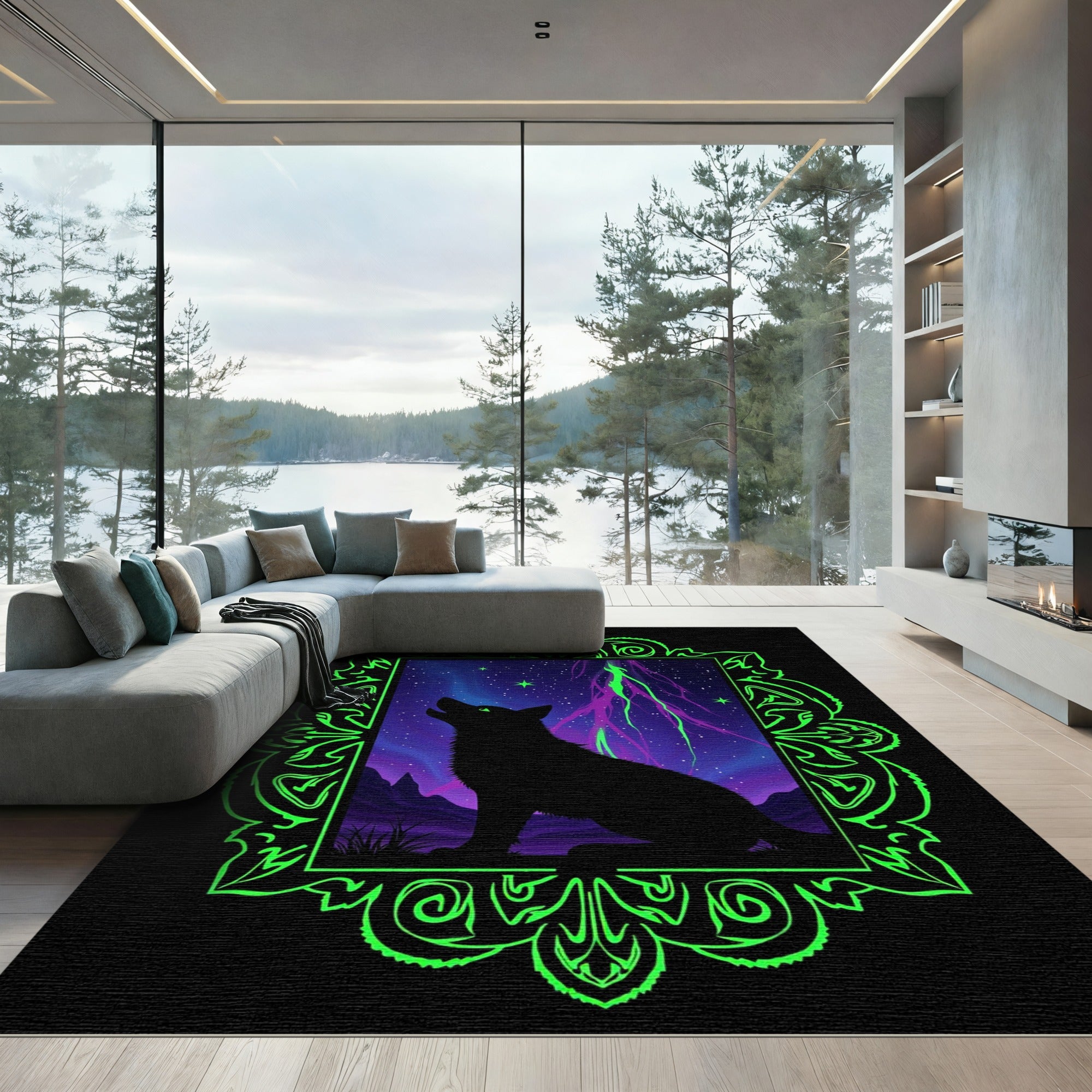 Neon Green Wolf Night Sky Rug