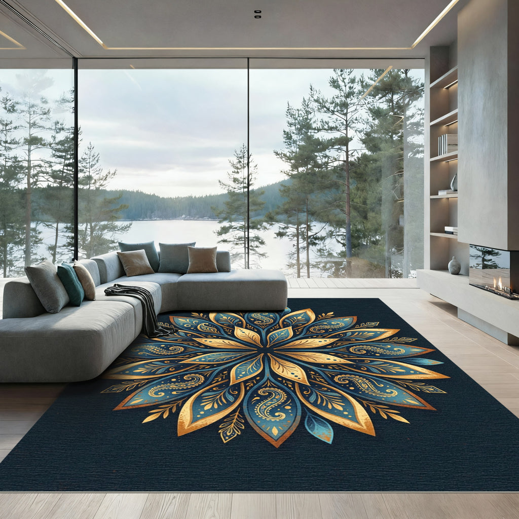 Golden Leaf Mandala Navy Floral Medallion Rug