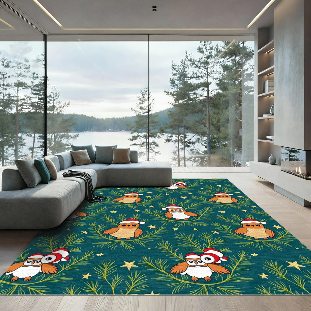 Festive Teal Owl Christmas Tree Garland Rug