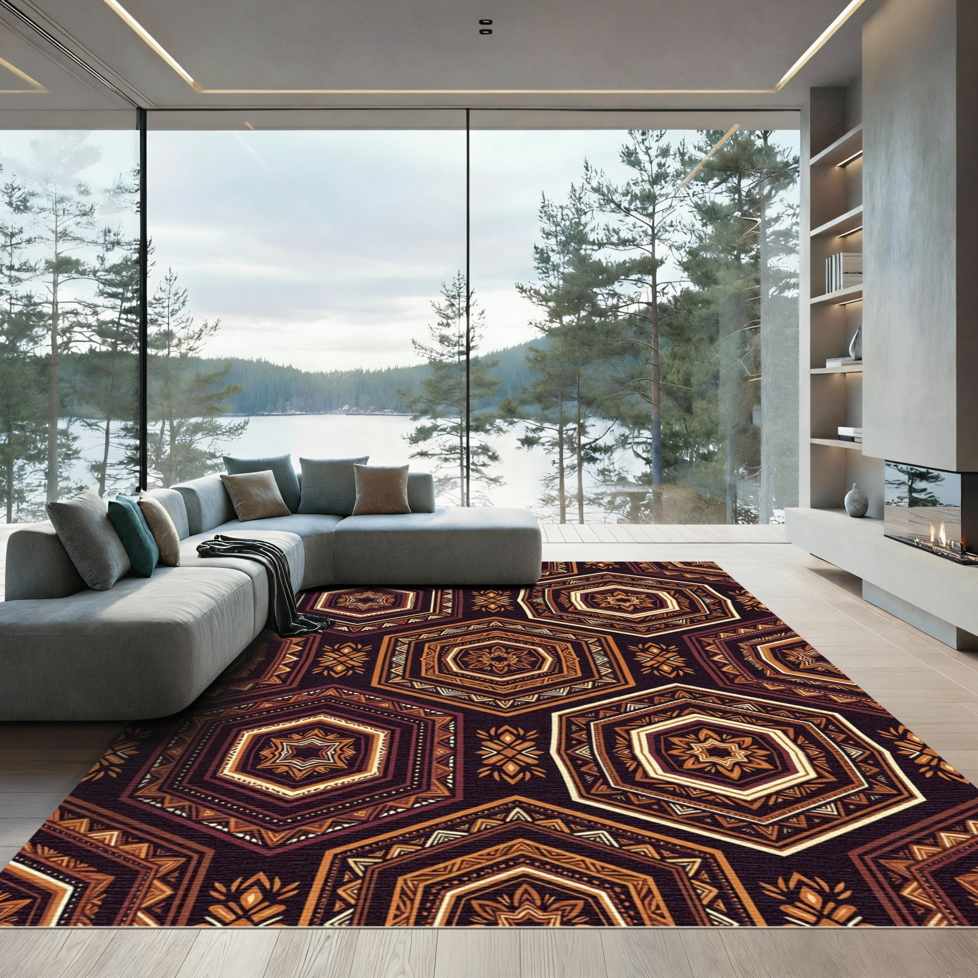Geometric Bronze Hexagon Ochre Mosaic Rug