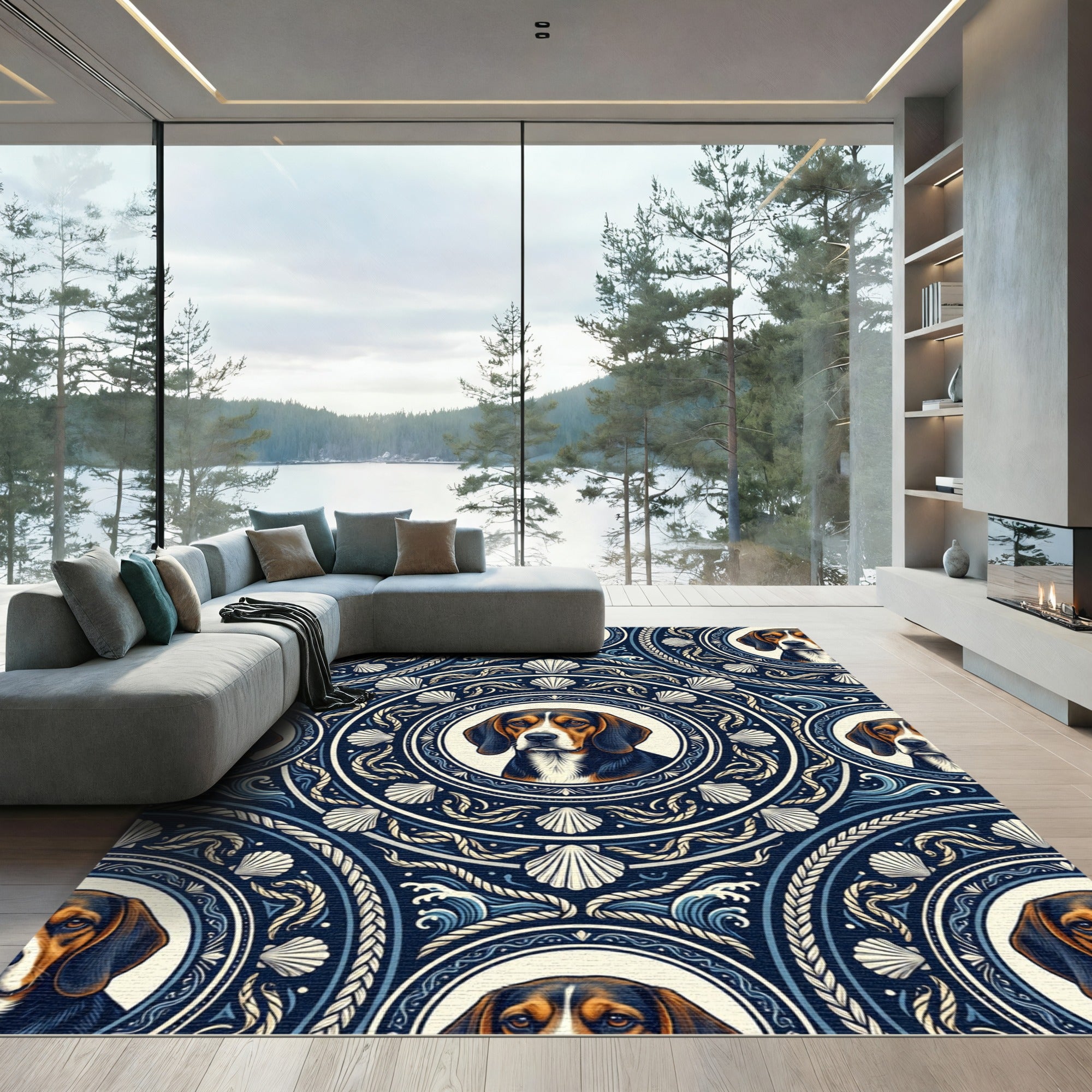 Navy Nautical Beagle Medallion Shells Rug