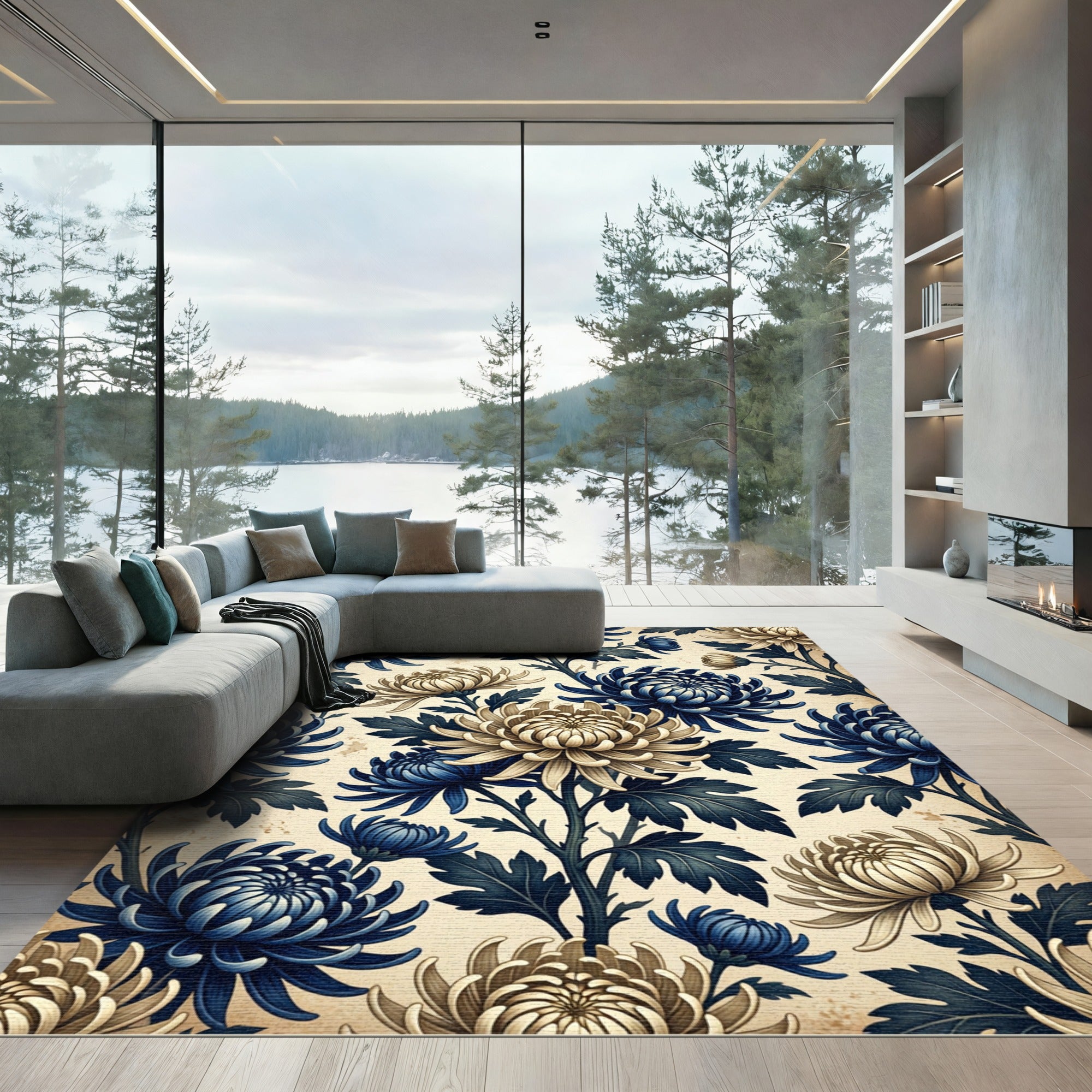 Navy Cream Chrysanthemum Floral Vines Rug