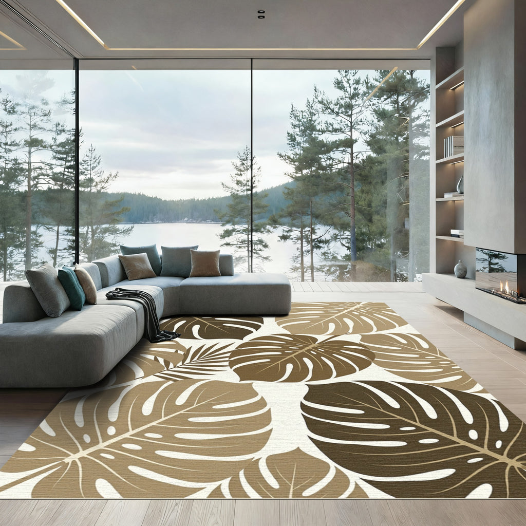 Modern Tropical Monstera Leaf Earthy Rug