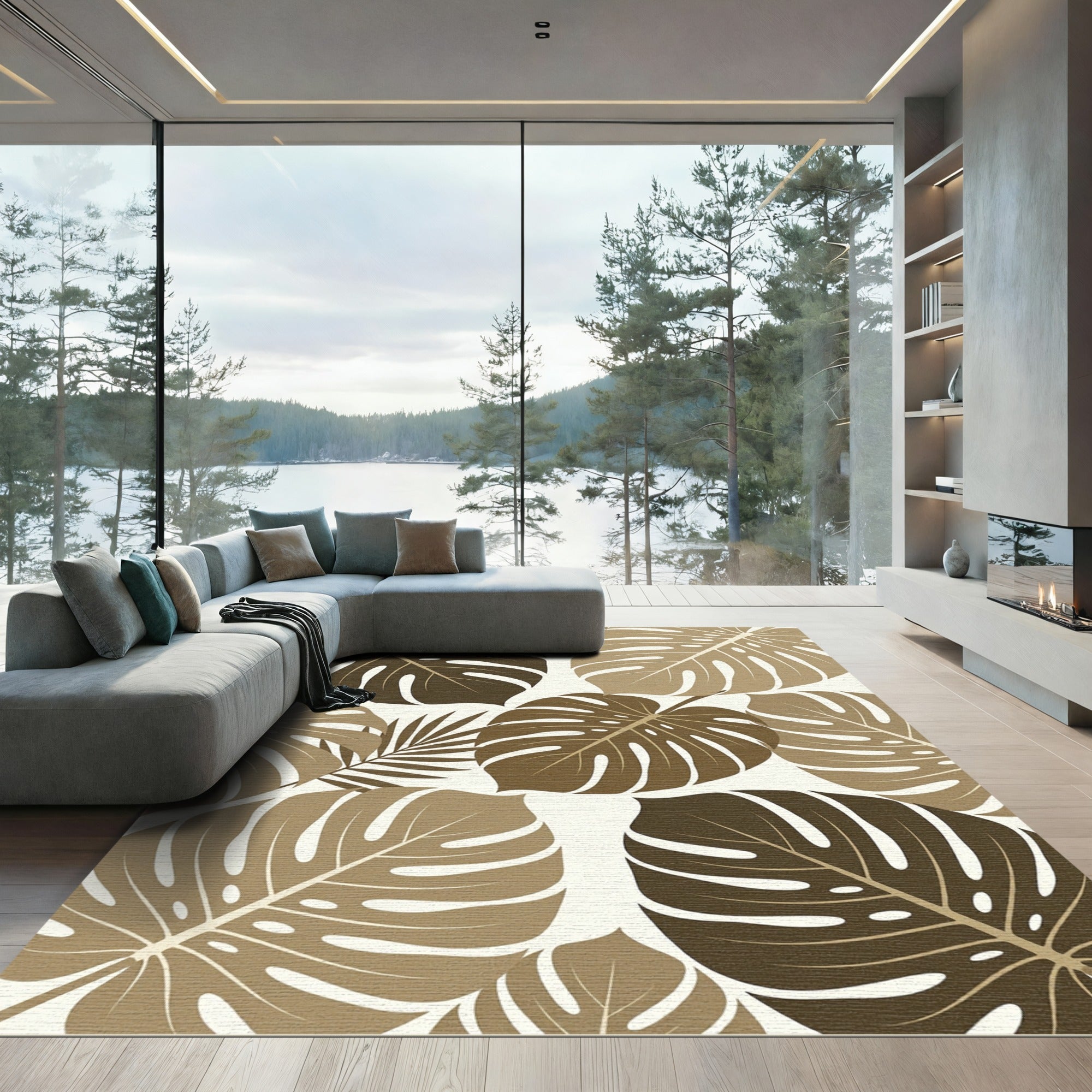 Modern Tropical Monstera Leaf Earthy Rug