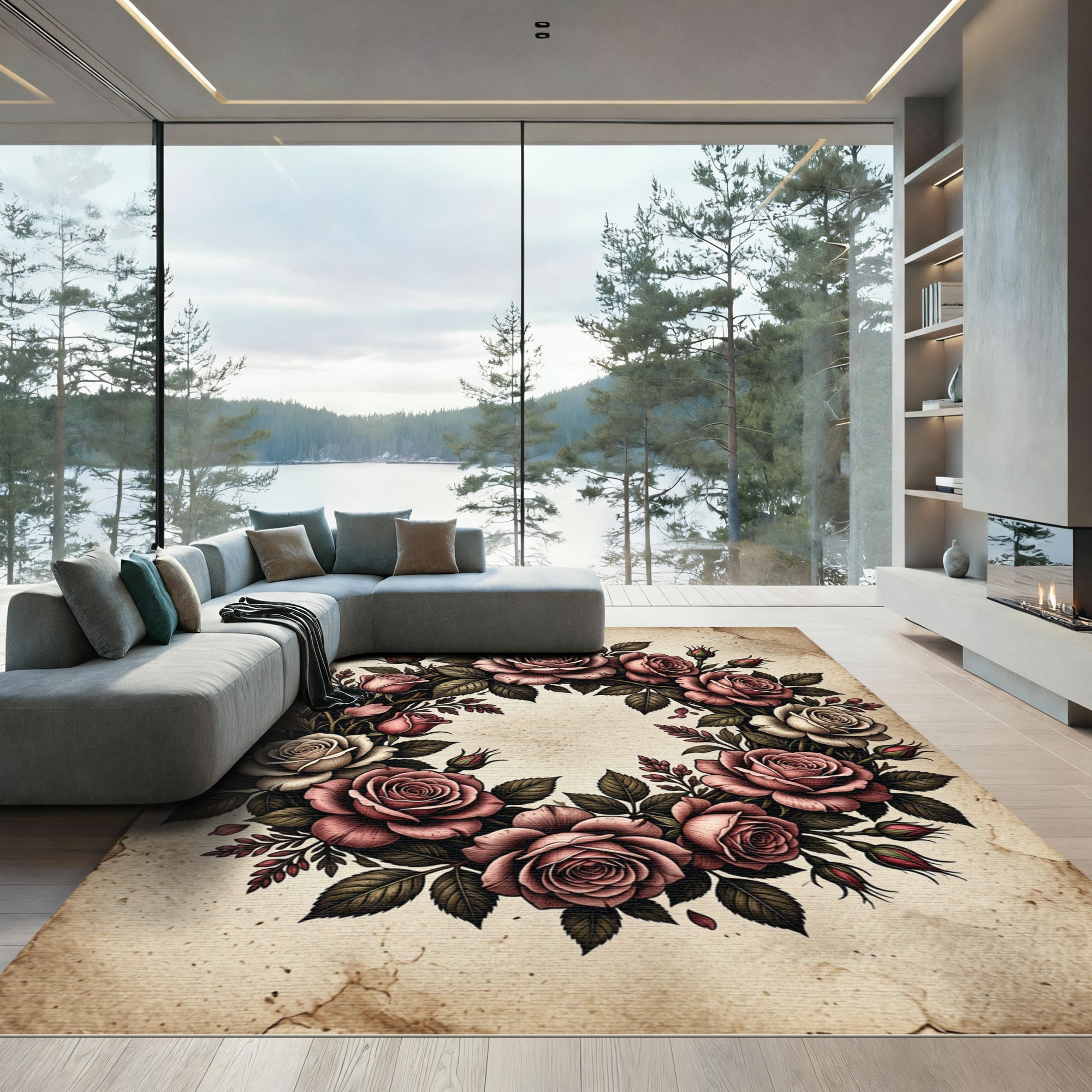 Vintage Blush Rose Wreath Garden Rug