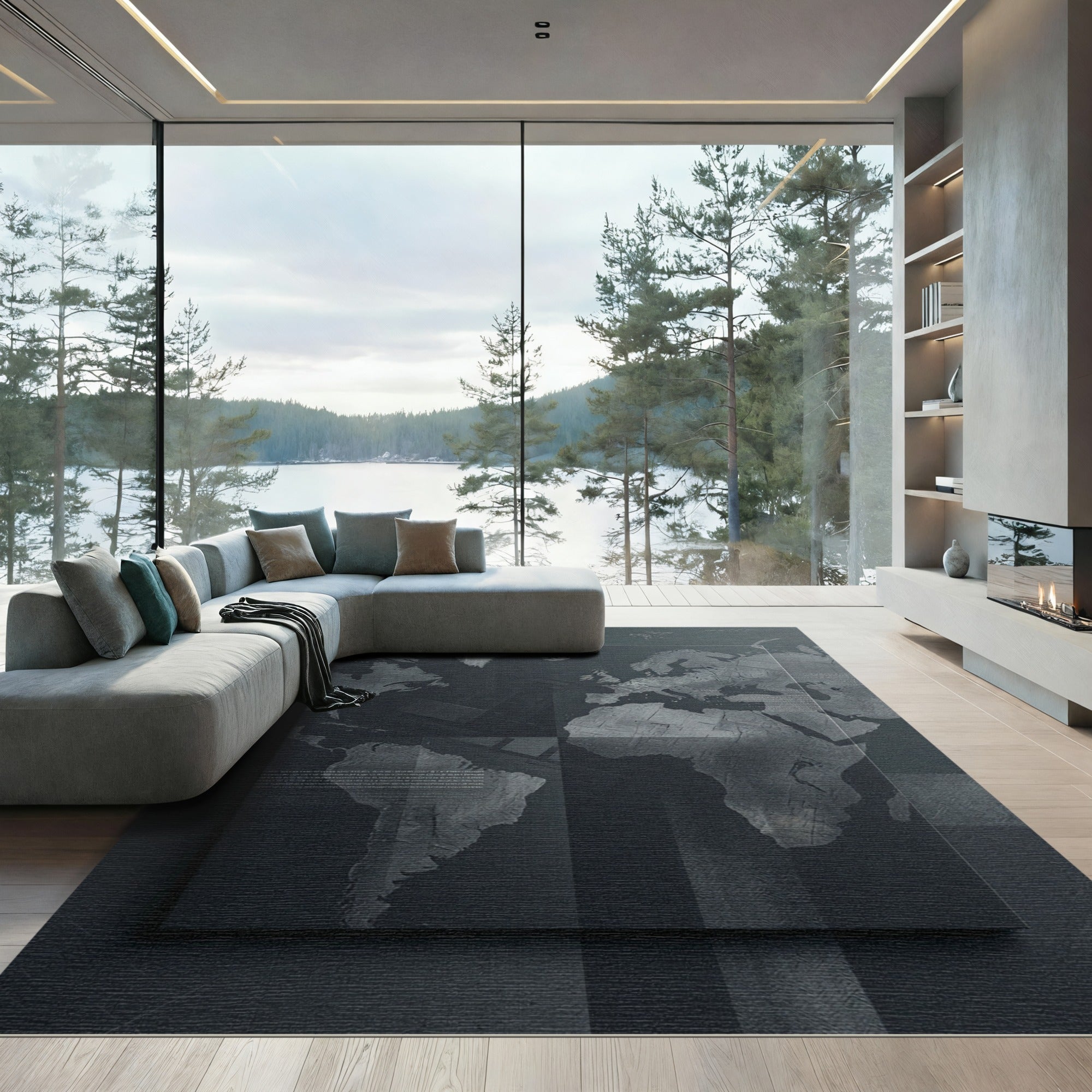 Monochrome Industrial Map Global Wall Art Rug