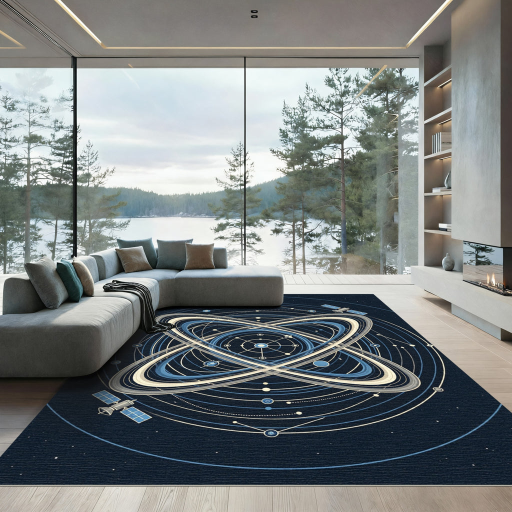 Celestial Orbital Geometry Navy Cream Rug