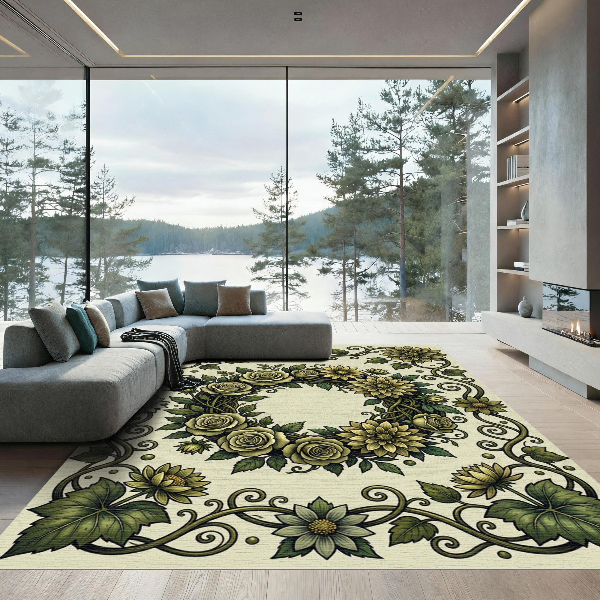 Elegant Sage Botanical Floral Wreath Rug