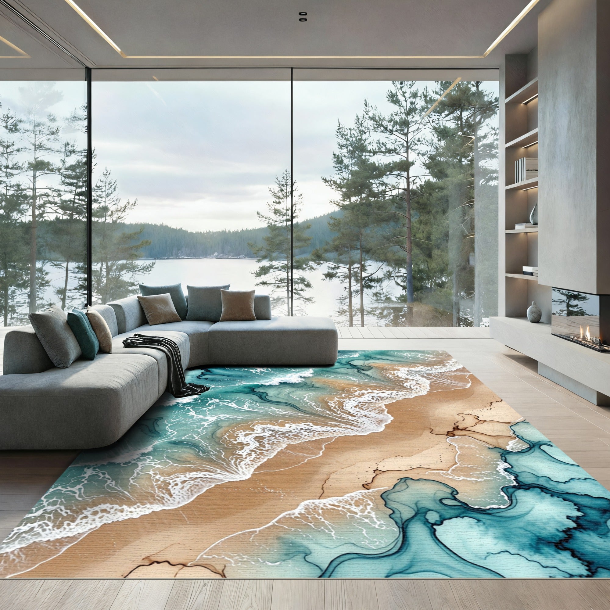 Ocean Blue Abstract Swirl Shoreline Rug