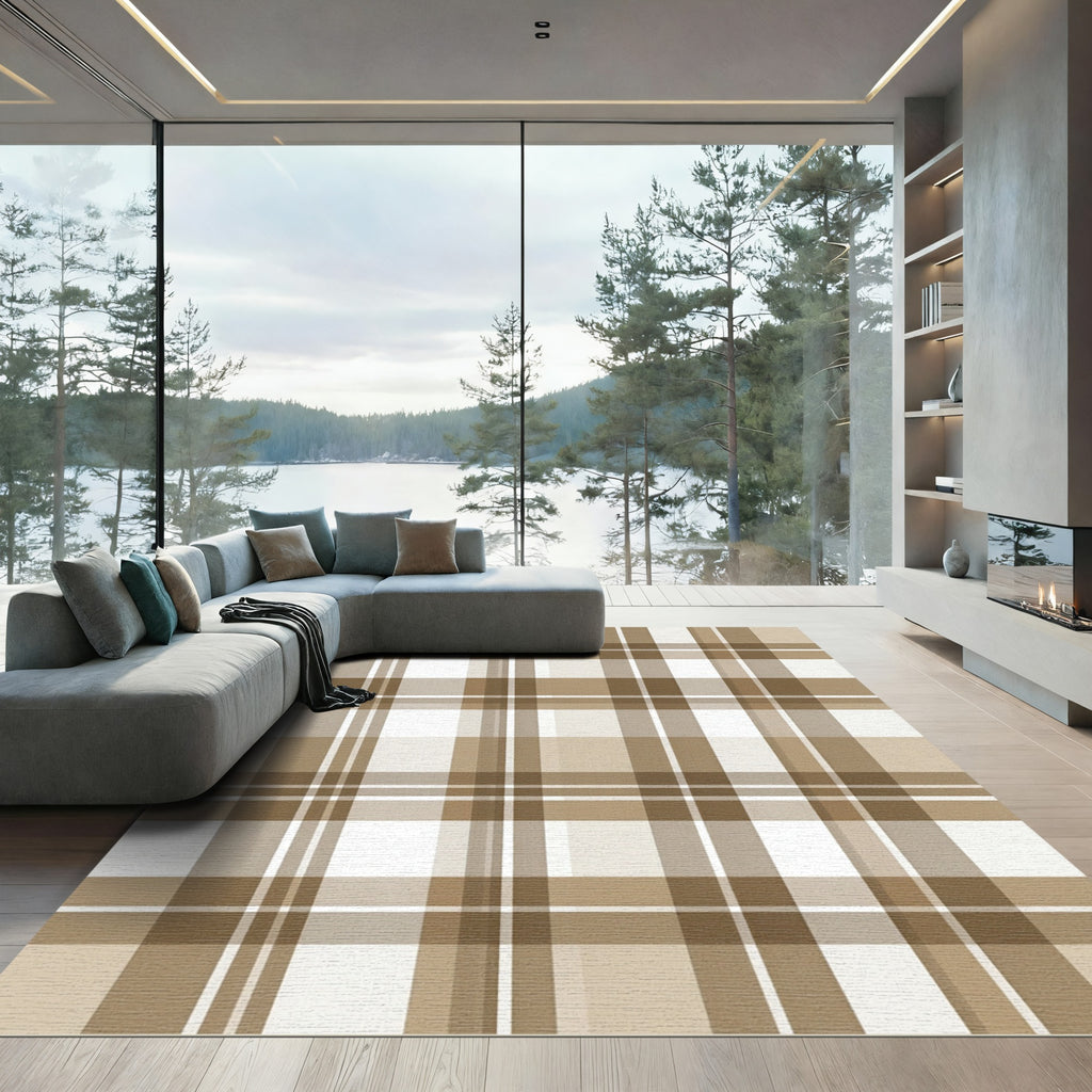 Brown and White Classic Plaid Rug