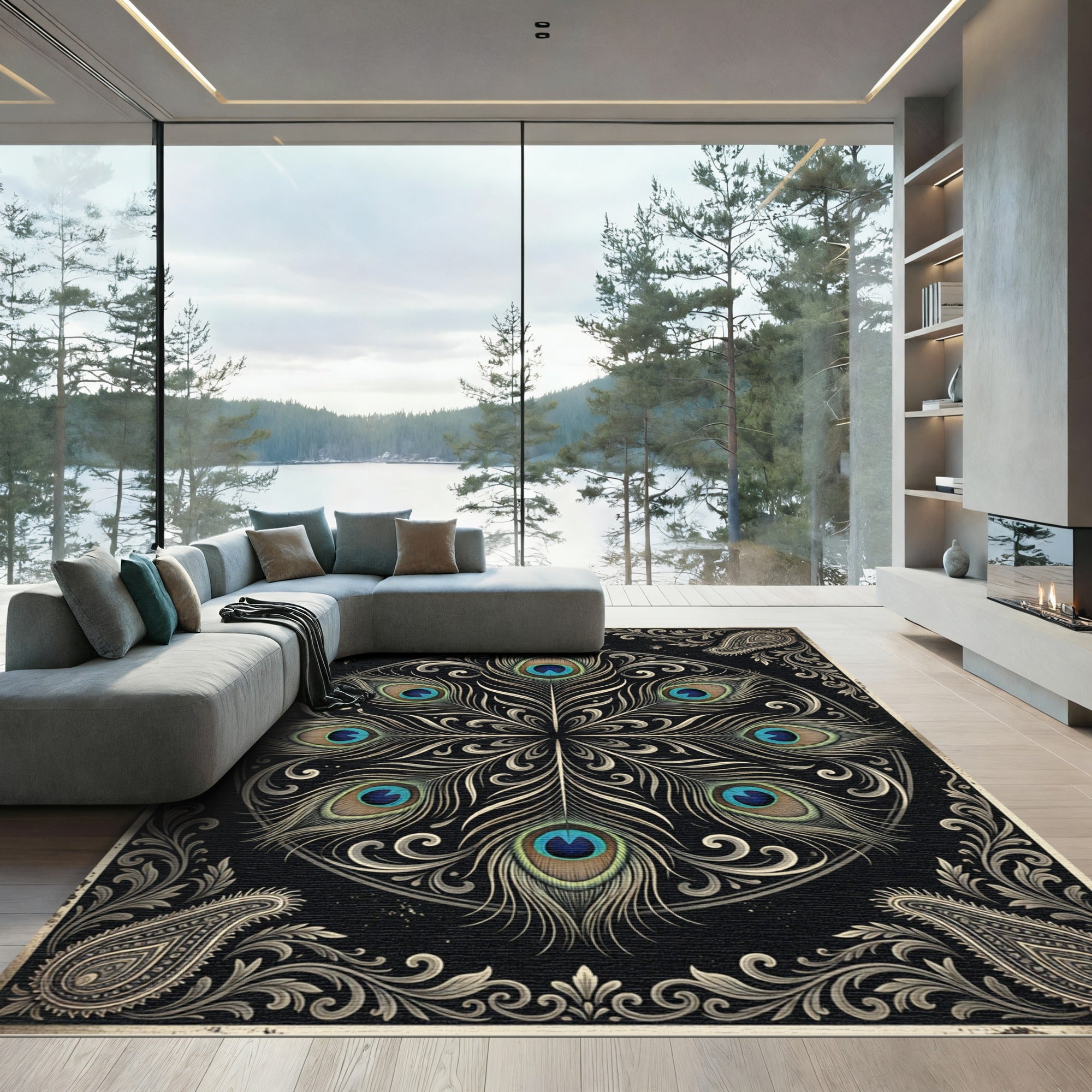 Elegant Peacock Feather Mandala Medallion Rug