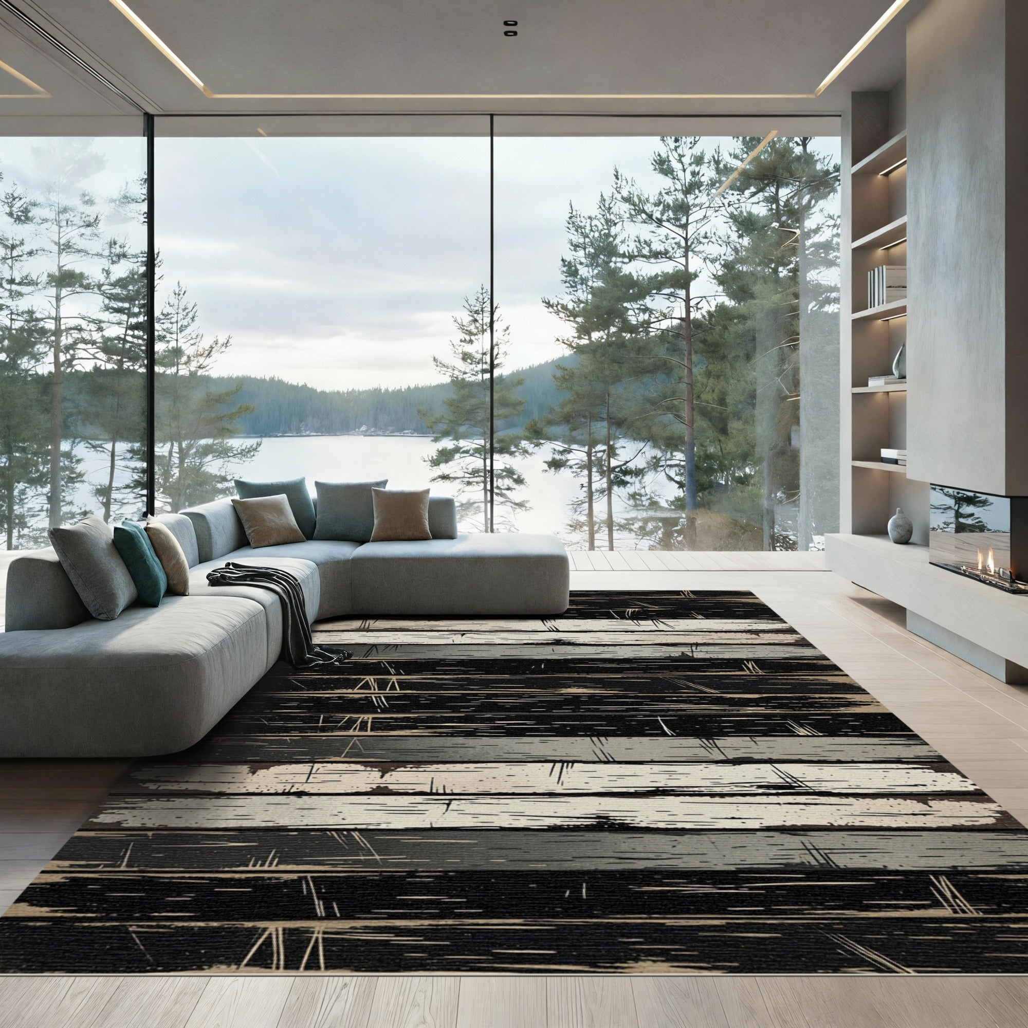 Distressed Black White Horizontal Wood Texture Rug
