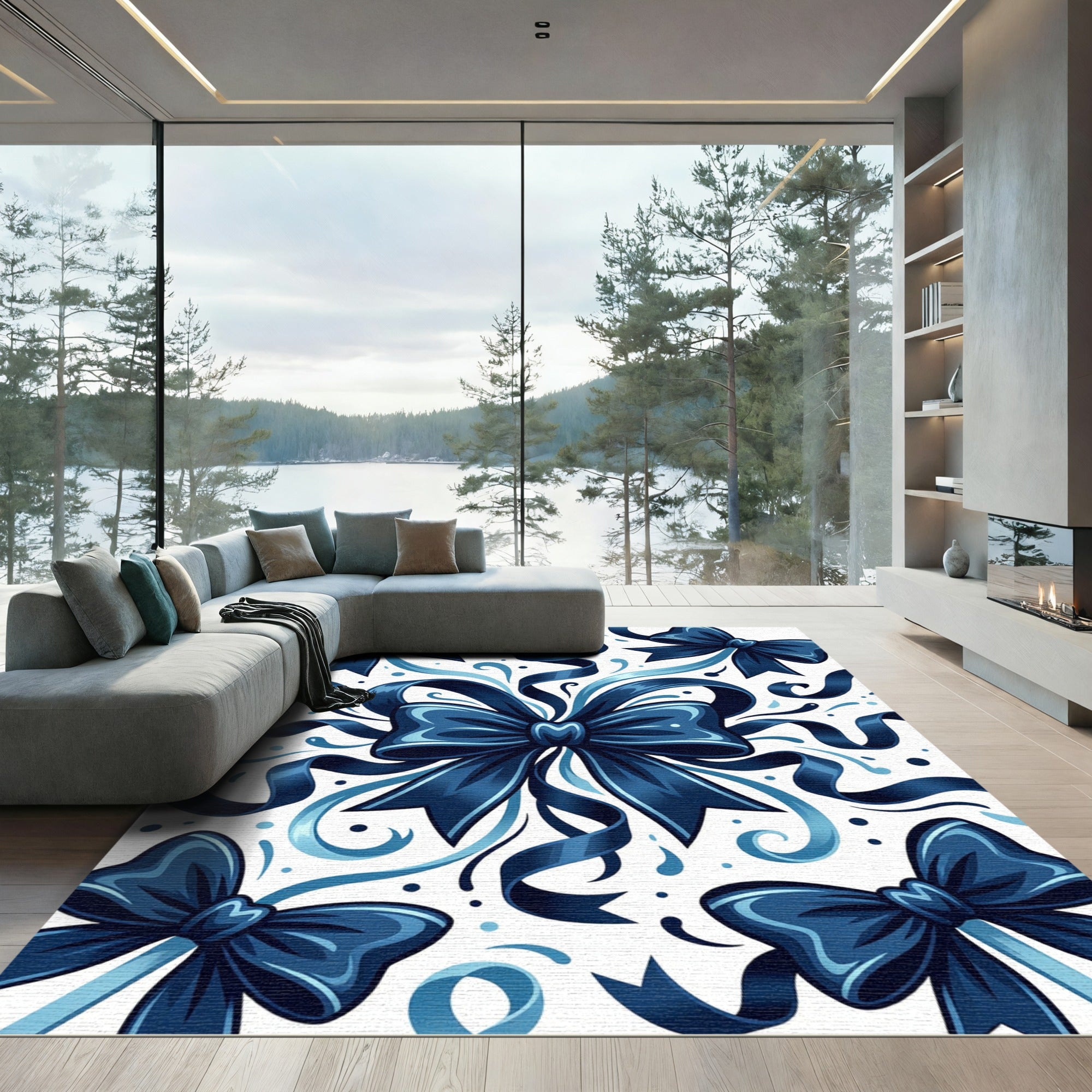 Elegant Navy Blue Ribbon Flourish Rug