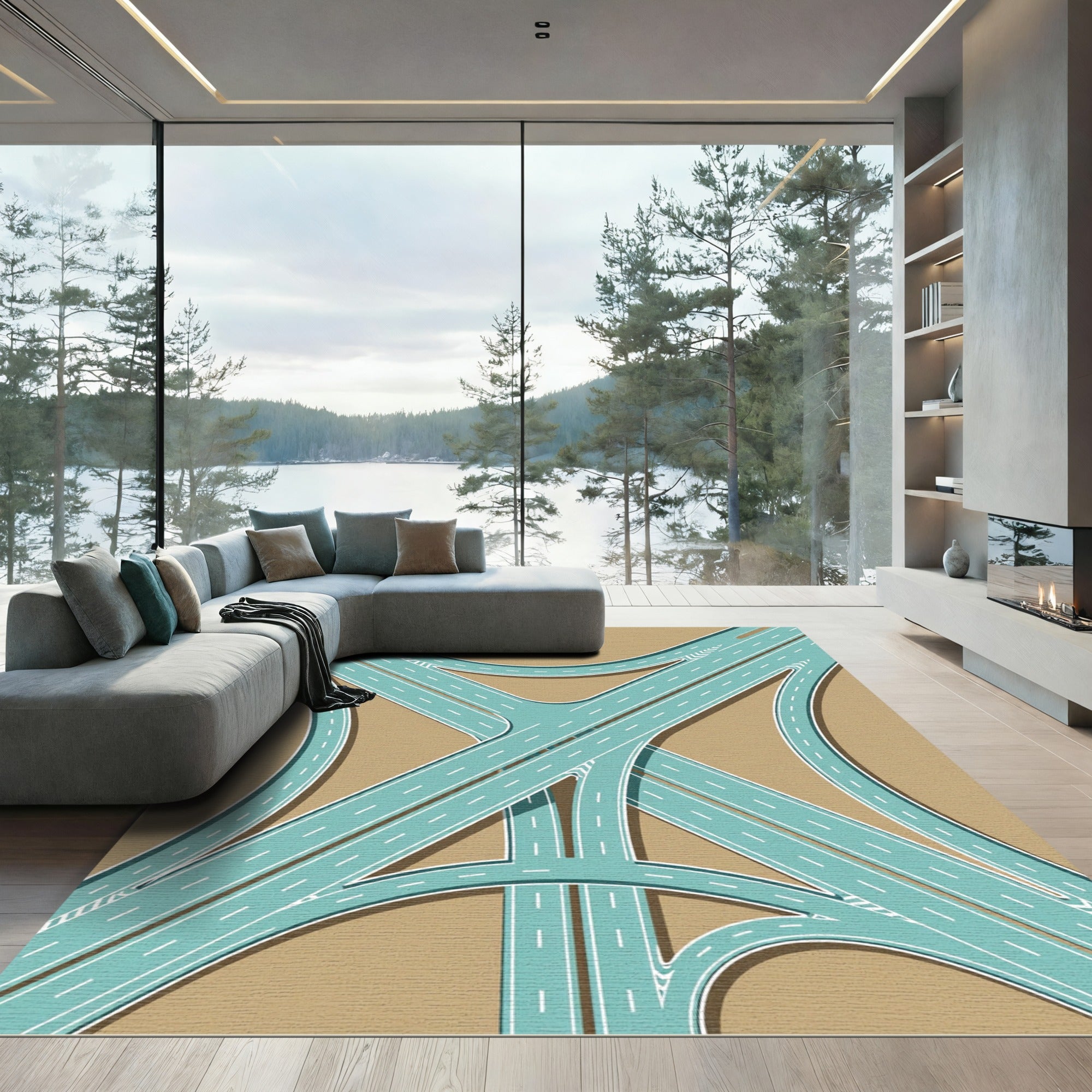 Geometric Teal Highway Intersection Graphic Rug