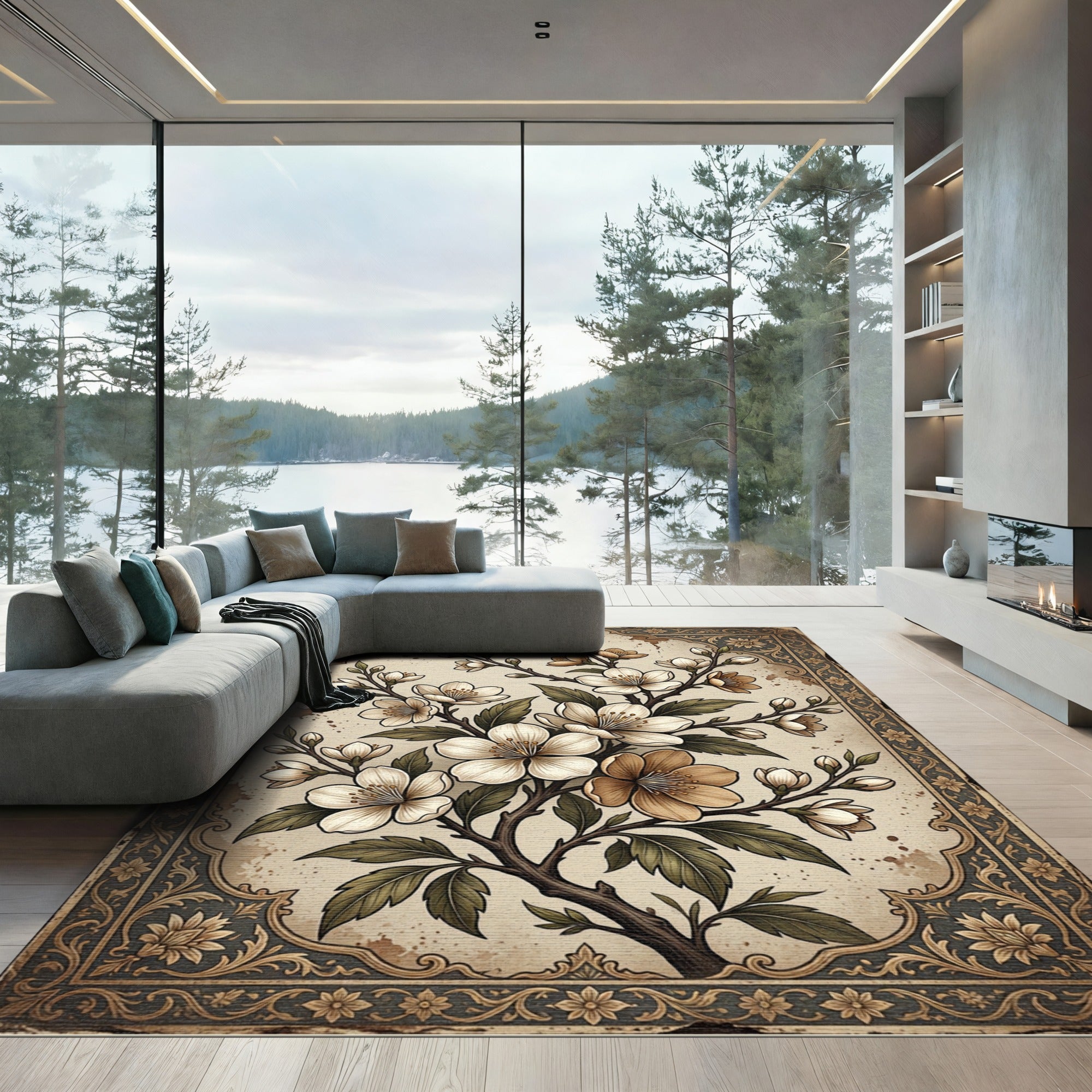 Vintage Cream Cherry Blossom Branch Rug