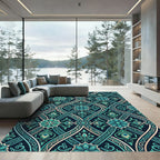 Teal Peacock Damask Floral Scroll Rug