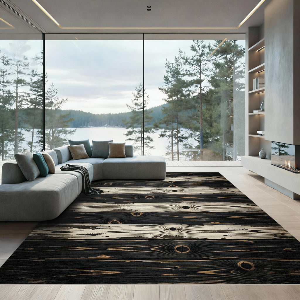 Distressed Black White Wood Grain Rug