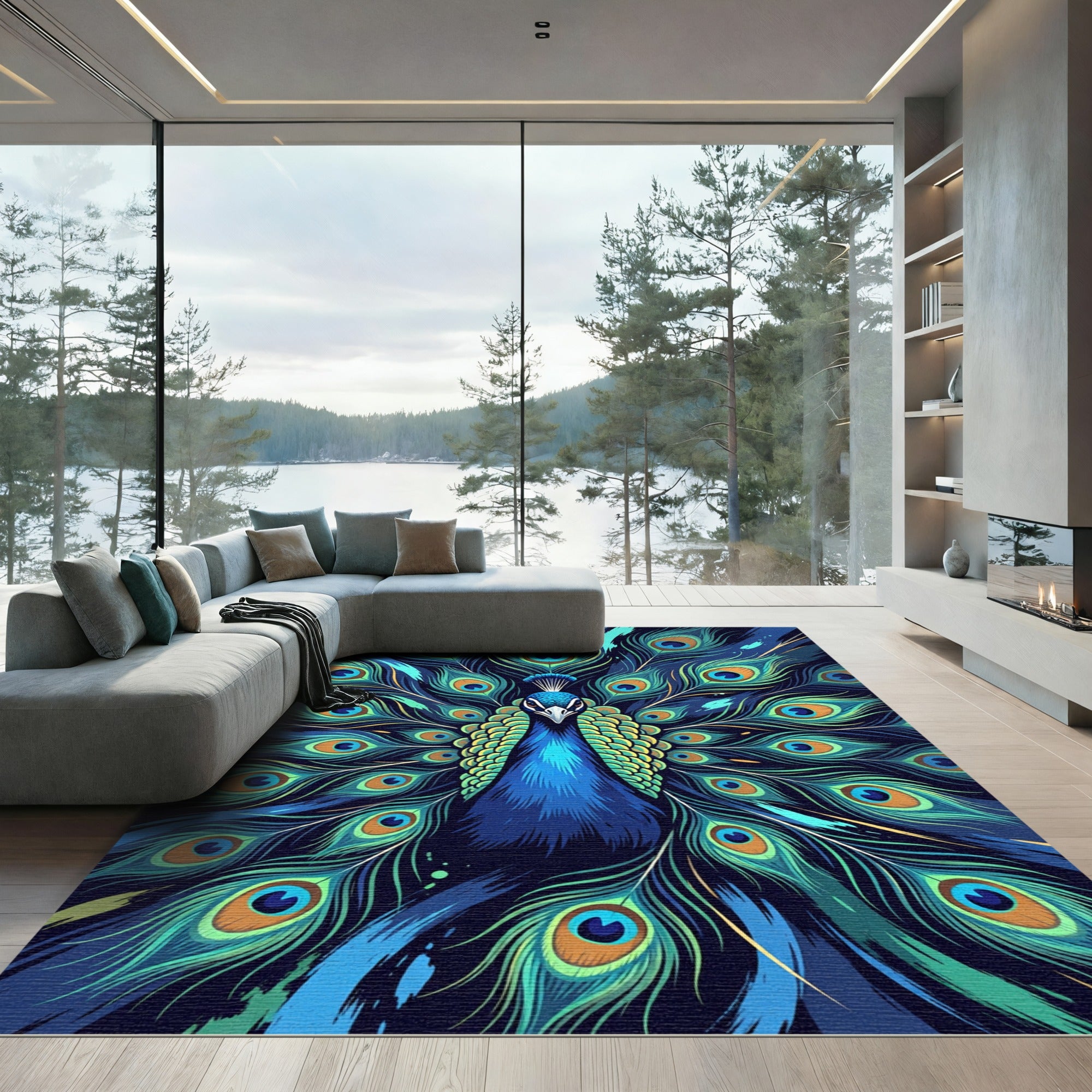 Vibrant Peacock Feather Eye Display Rug