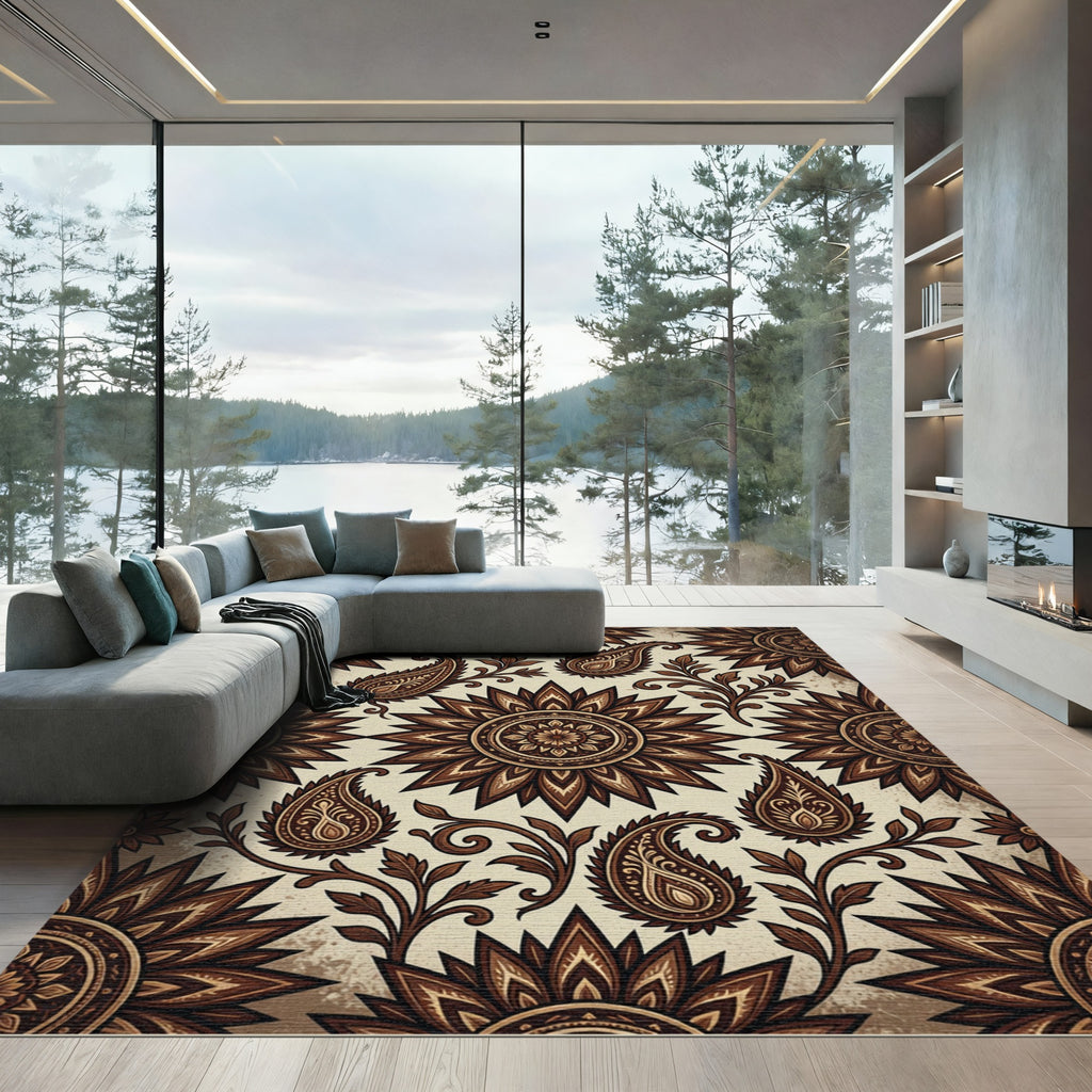 Sepia Floral Mandala and Paisley Art Rug