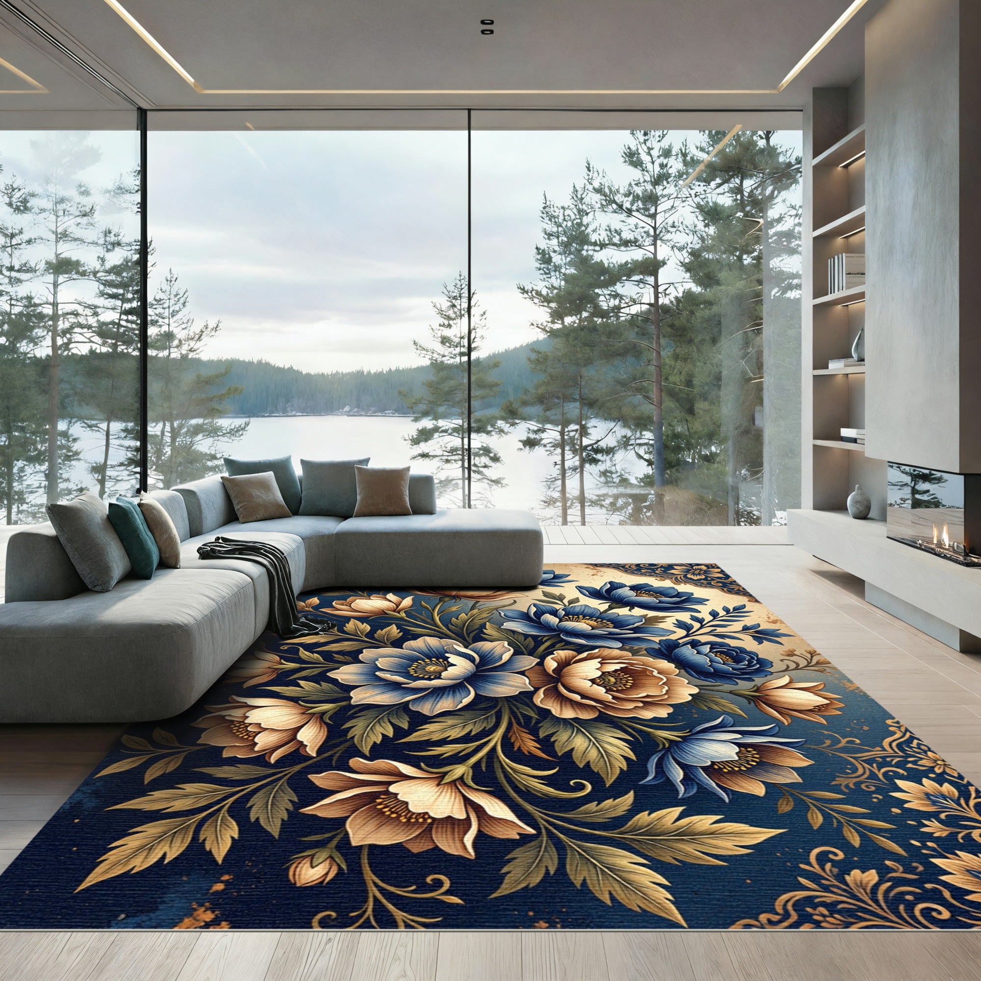 Elegant Navy and Gold Floral Bouquet Rug