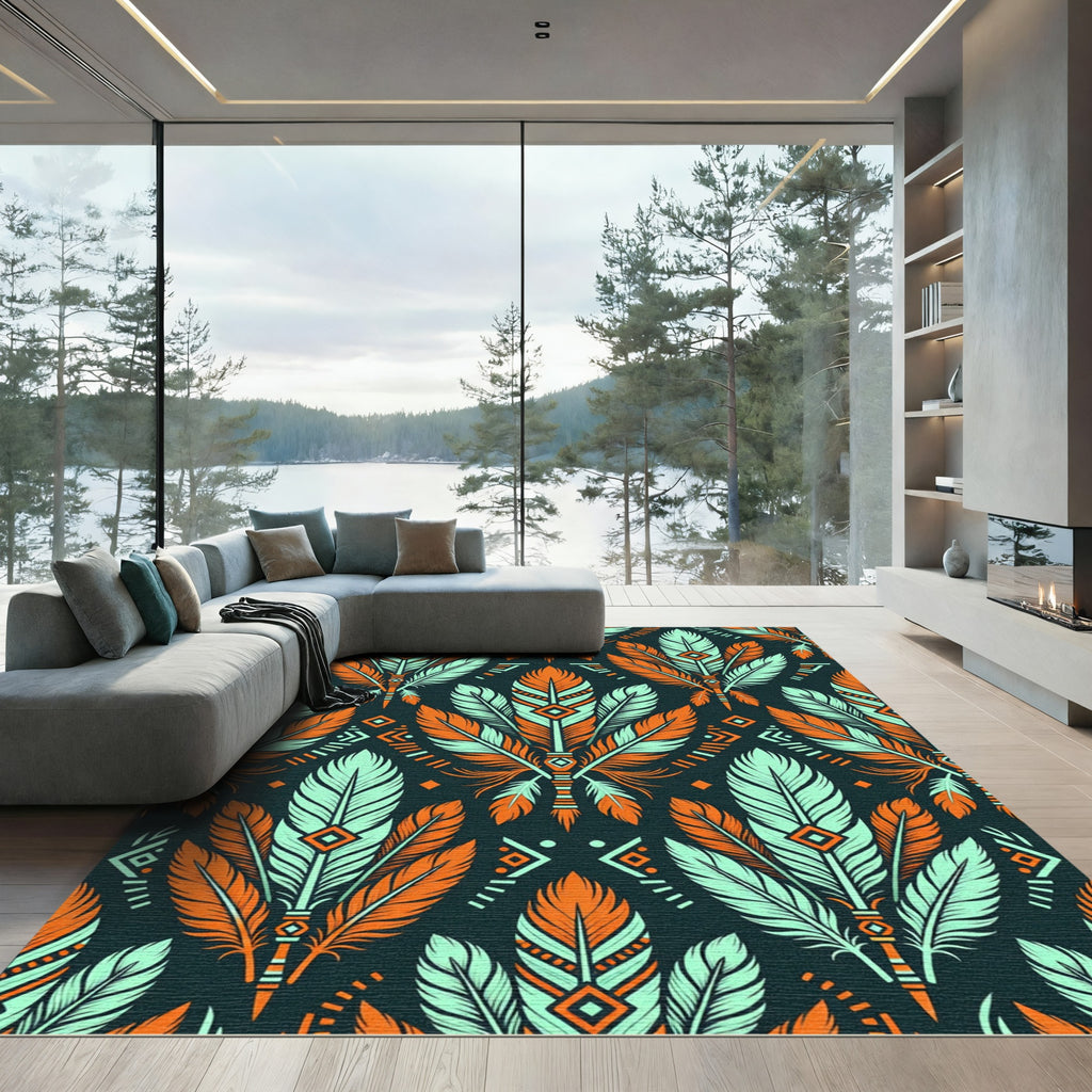 Teal and Orange Southwestern Feather Tapestry Rug