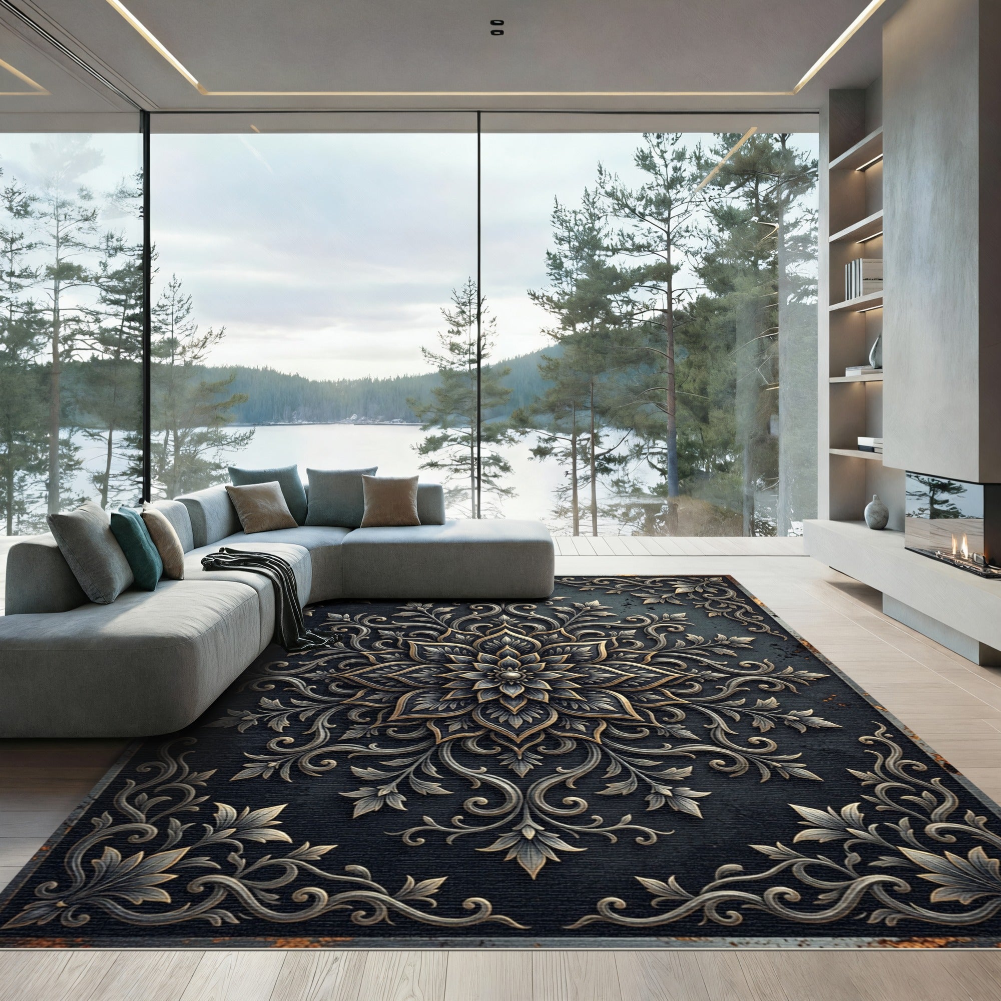Ornate Black and Gold Medallion Rug
