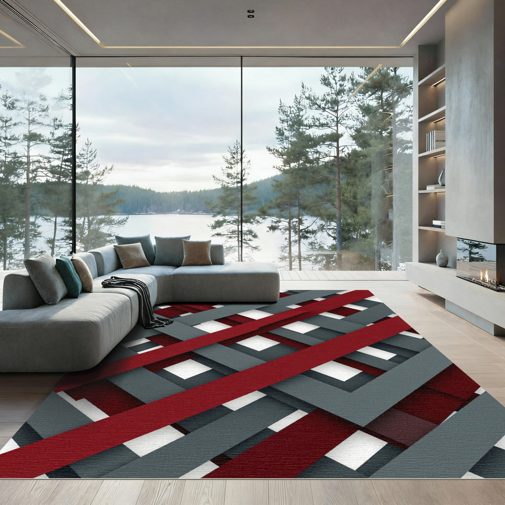 Crimson Gray Interlocking Stripes Rug
