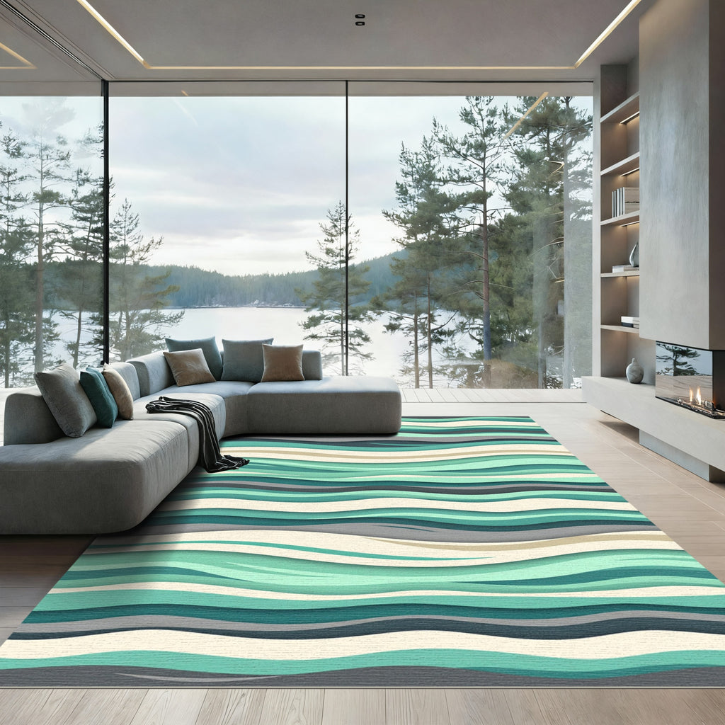 Teal Beige Gray Abstract Wave Rug